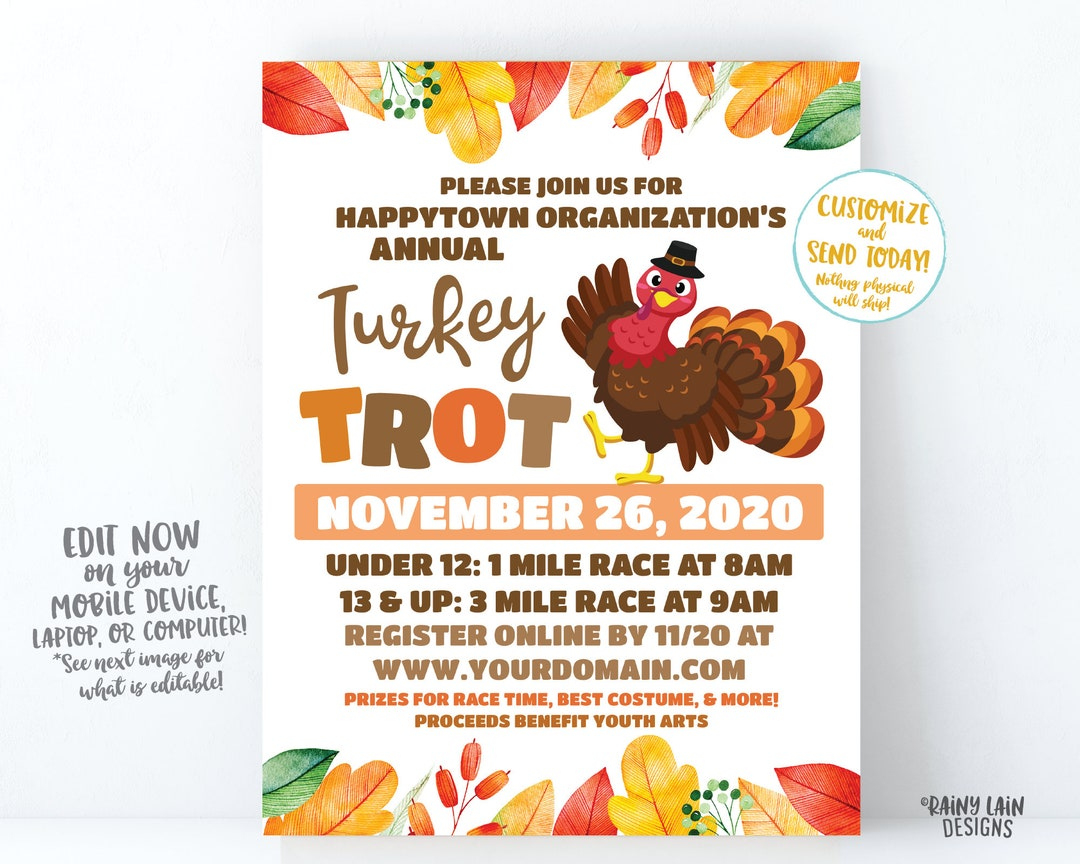 Turkey Trot Flyer, Thanksgiving Fundraiser Flyer, Turkey in Turkey Trot Template