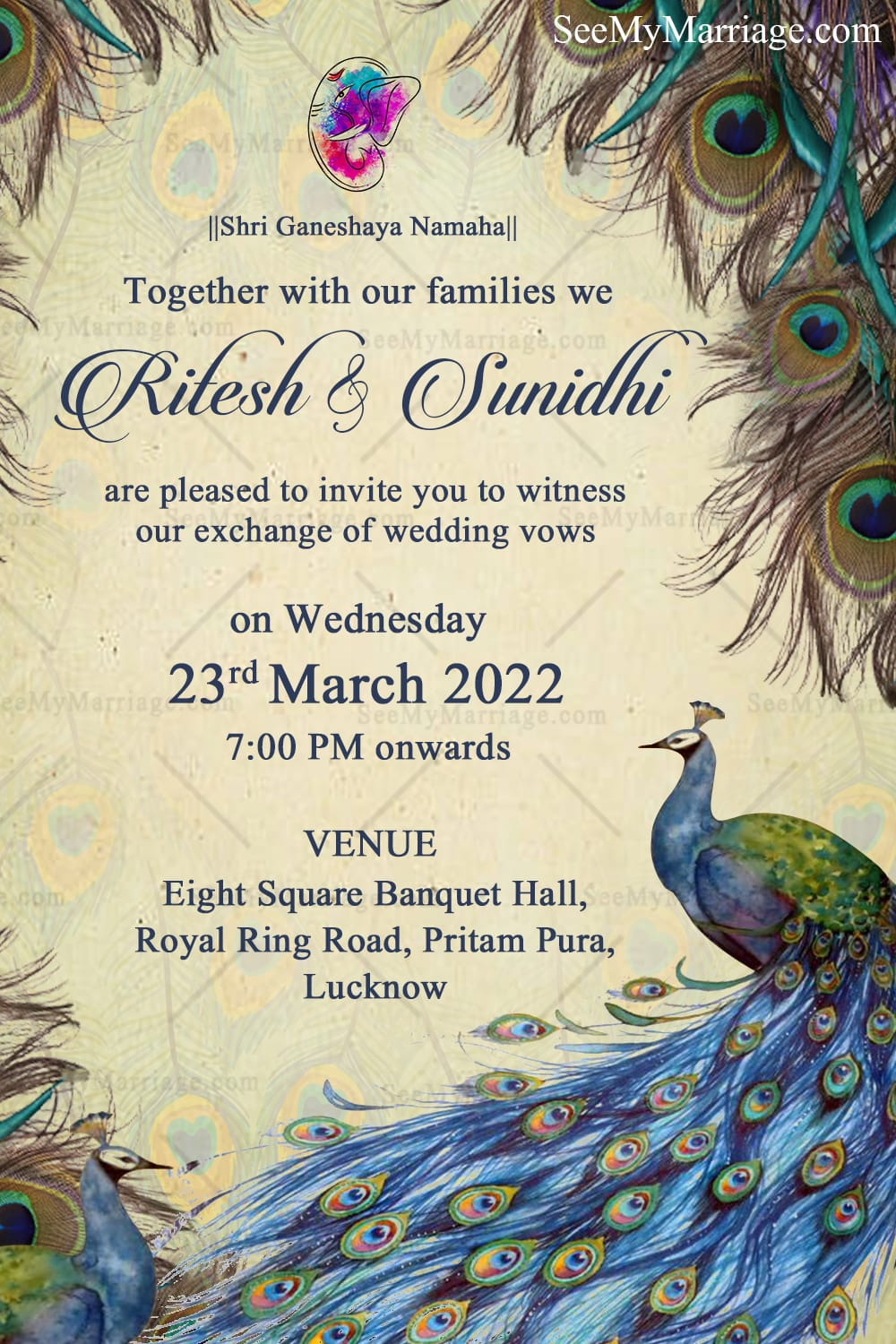 Vintage Peacock Theme Wedding Invitation Card With Feather Motif in Peacock Feather Wedding Invitation Template