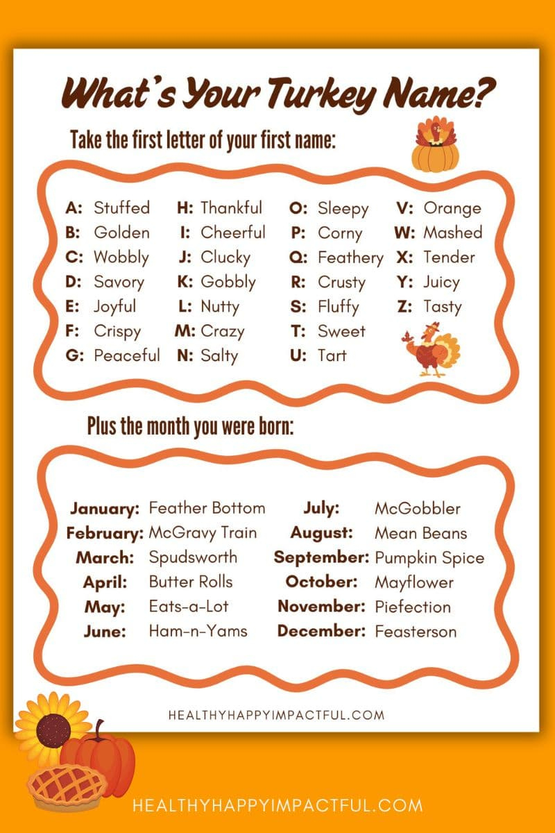 What&amp;#039;S Your Turkey Name? Free Thanksgiving Game Printable Activity with Free Printable Turkey Name Template