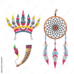 Wild West American Indian Feather Headdress Designed Element With Native American Feather Template