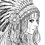 Young Woman With Indian Headdress   Native American Coloring Pages Throughout Indian Feather Shapes To Printable Template