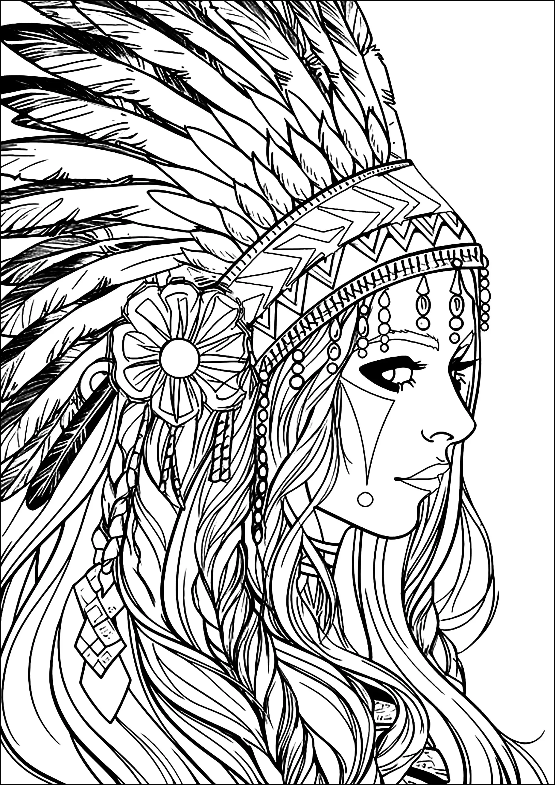 Young Woman With Indian Headdress - Native American Coloring Pages throughout Indian Feather Shapes to Printable Template