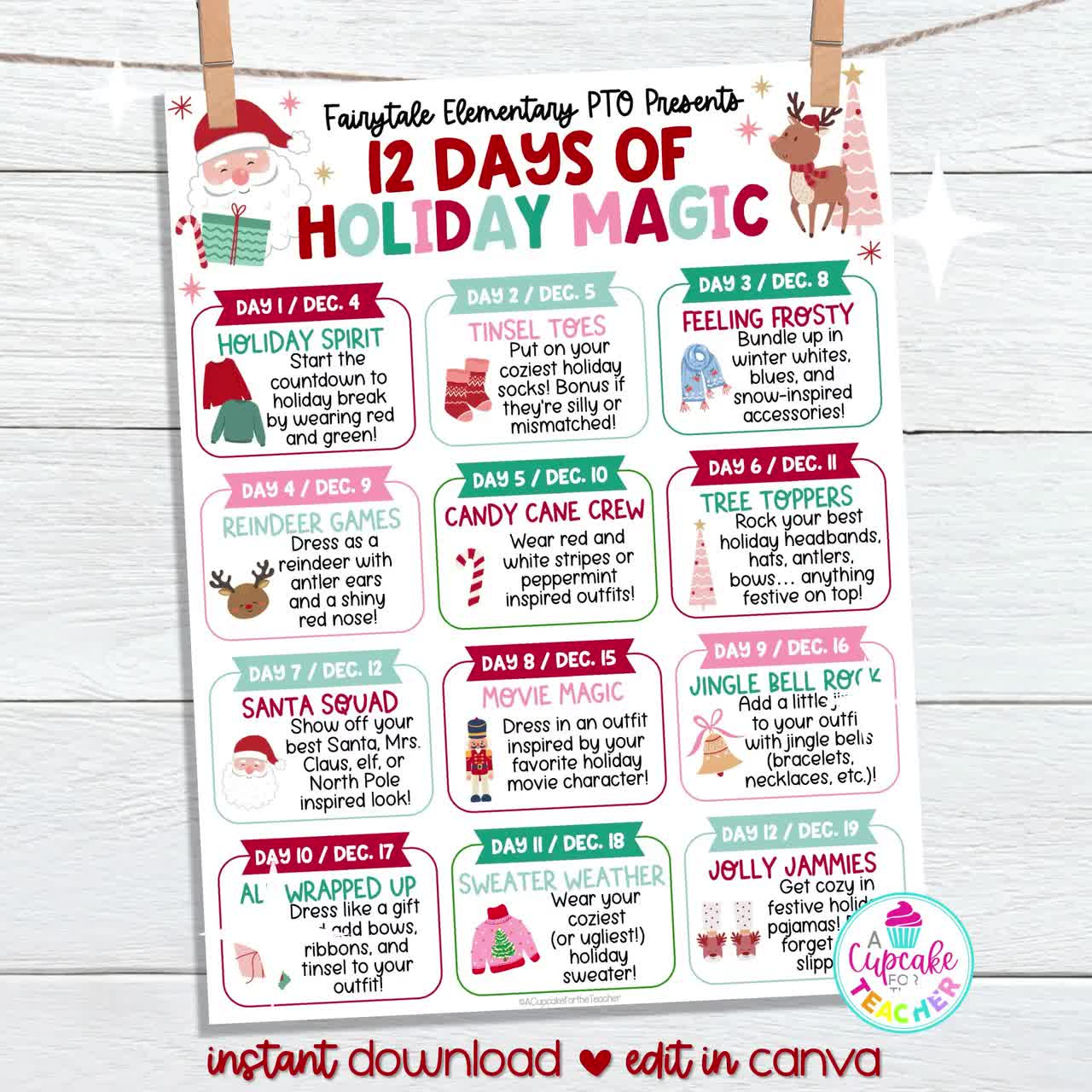 12 Days Of Christmas Dress Up Flyer Template | Editable Christmas Spirit  Week Pto Pta | Edit On Canva pertaining to 12 Days of Christmas Video Template