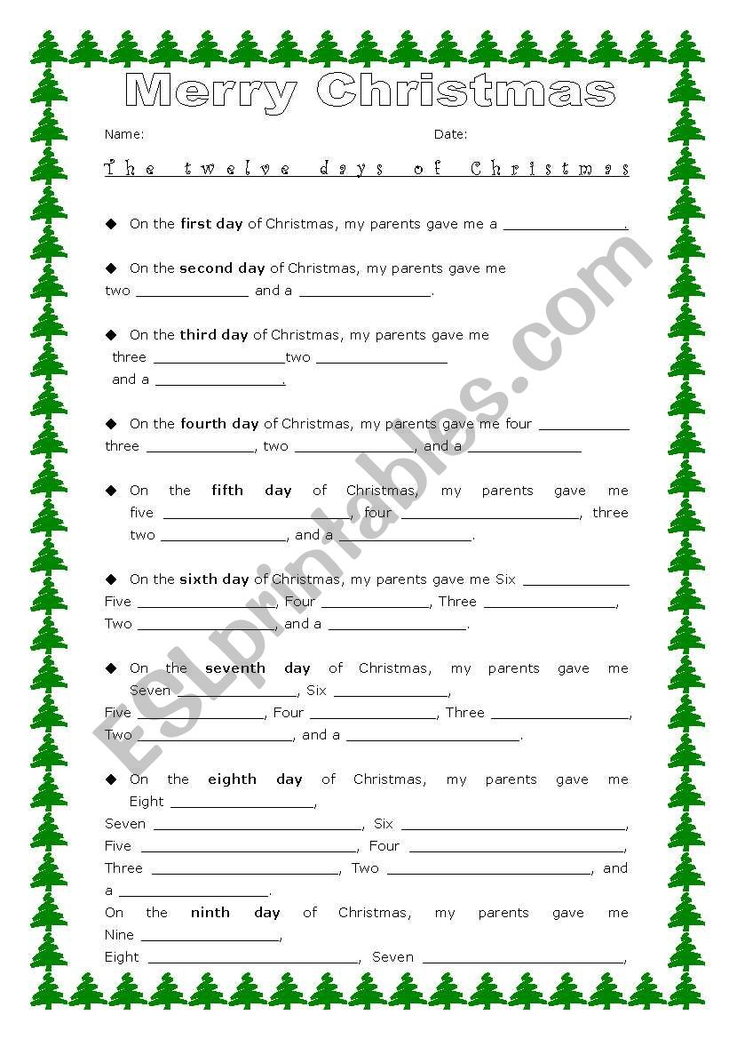 12 Days Of Christmas-Make Own Lyrics - Esl Worksheetzanele intended for 12 Days of Christmas Fill in the Blank Template
