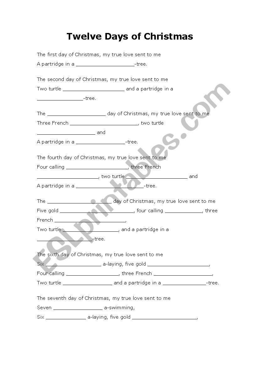 12 Days Of Christmas Song, Fill In Gaps - Esl Worksheetsynth intended for 12 Days of Christmas Fill in the Blank Template