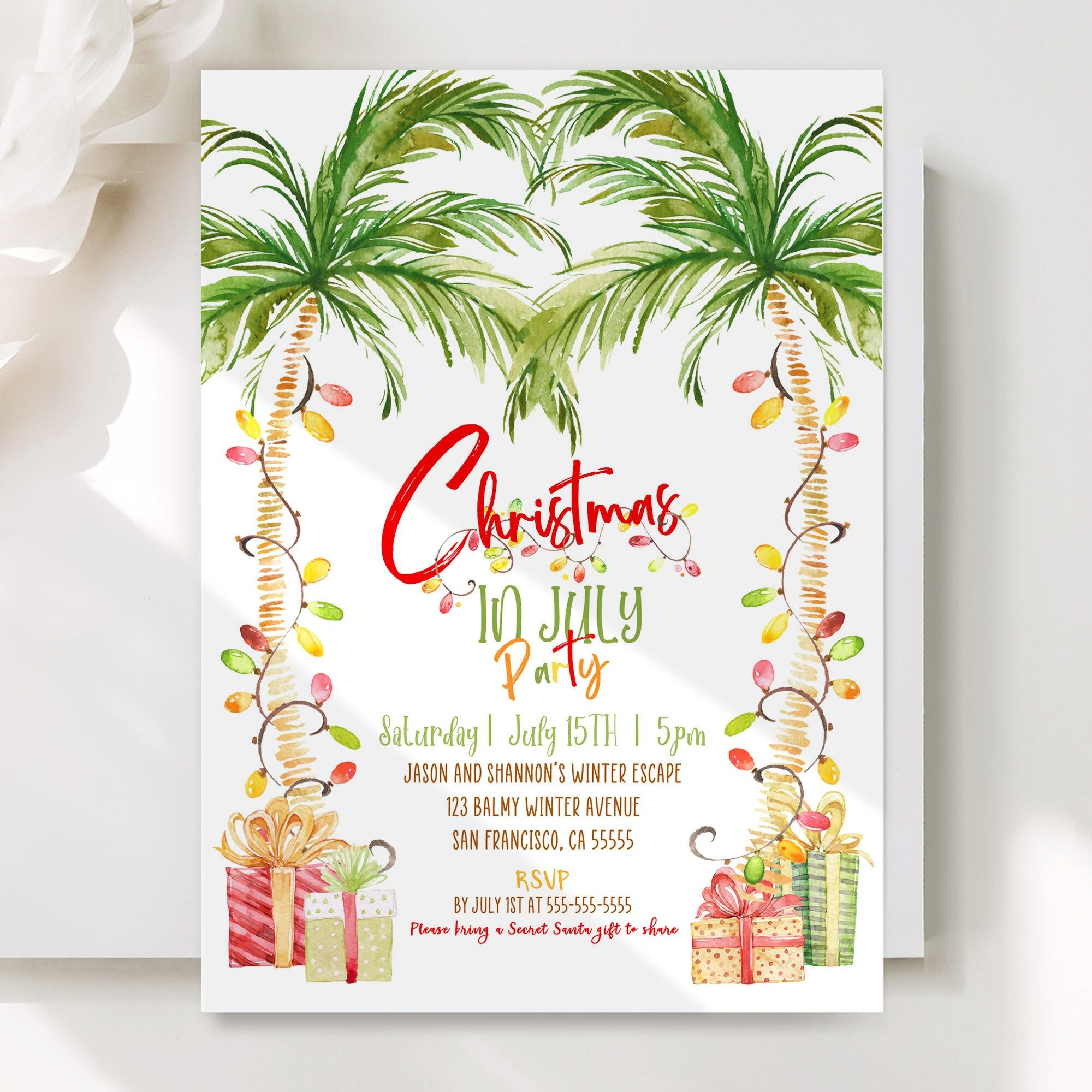 30Th Birthday Christmas In July Invitation Template Editable Palm with Christmas In July Invitation Template Free