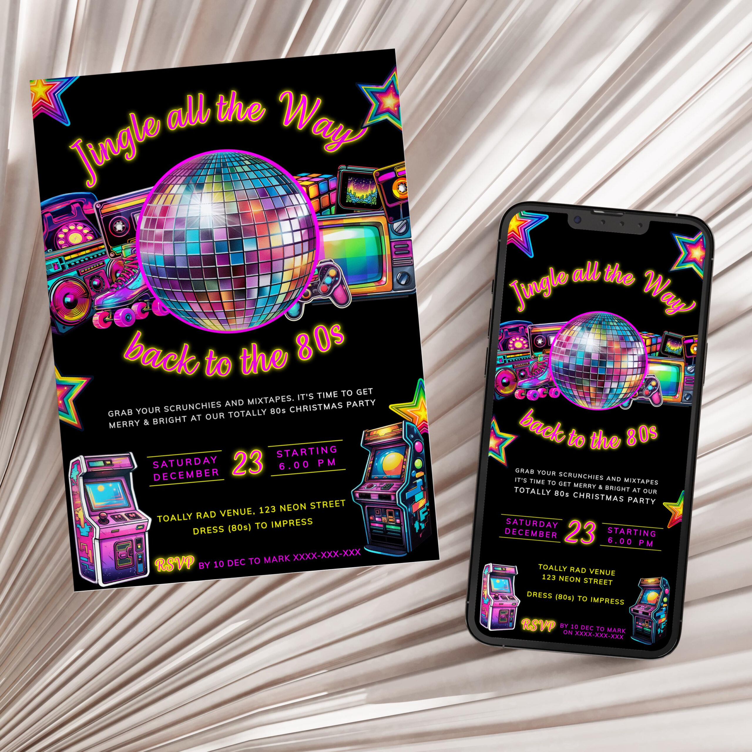 80S Christmas Party Invitation, Festive Neon & Eighties Nostalgia pertaining to 80S Christmas Card Template
