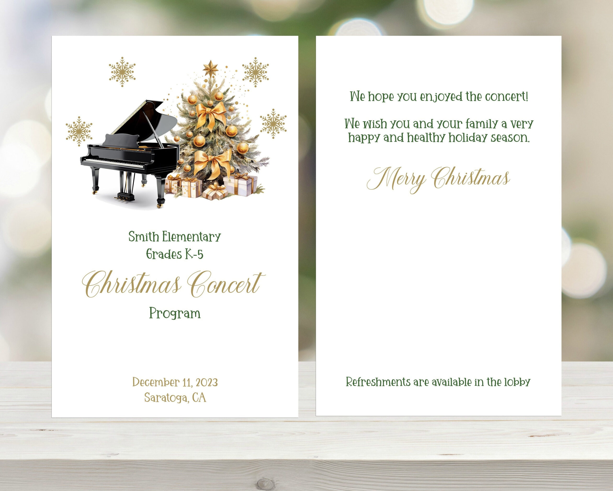 Bearbeitbare Gold-Weihnachtsklavier-Musikprogrammvorlage regarding Christmas Concert Program Template