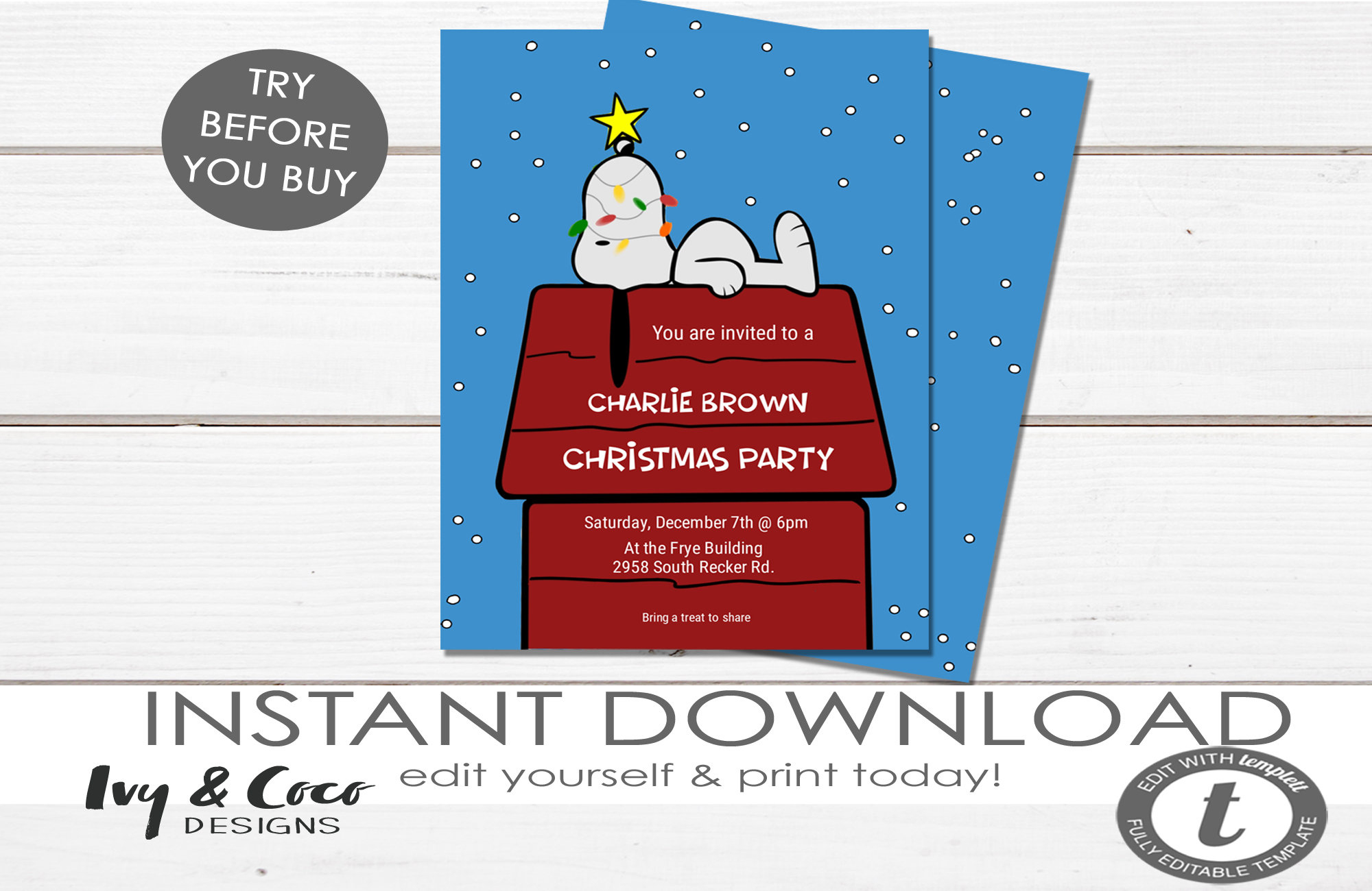 Charlie Brown Christmas Invitation Instant Download - Snoopy intended for Charlie Brown Christmas Template