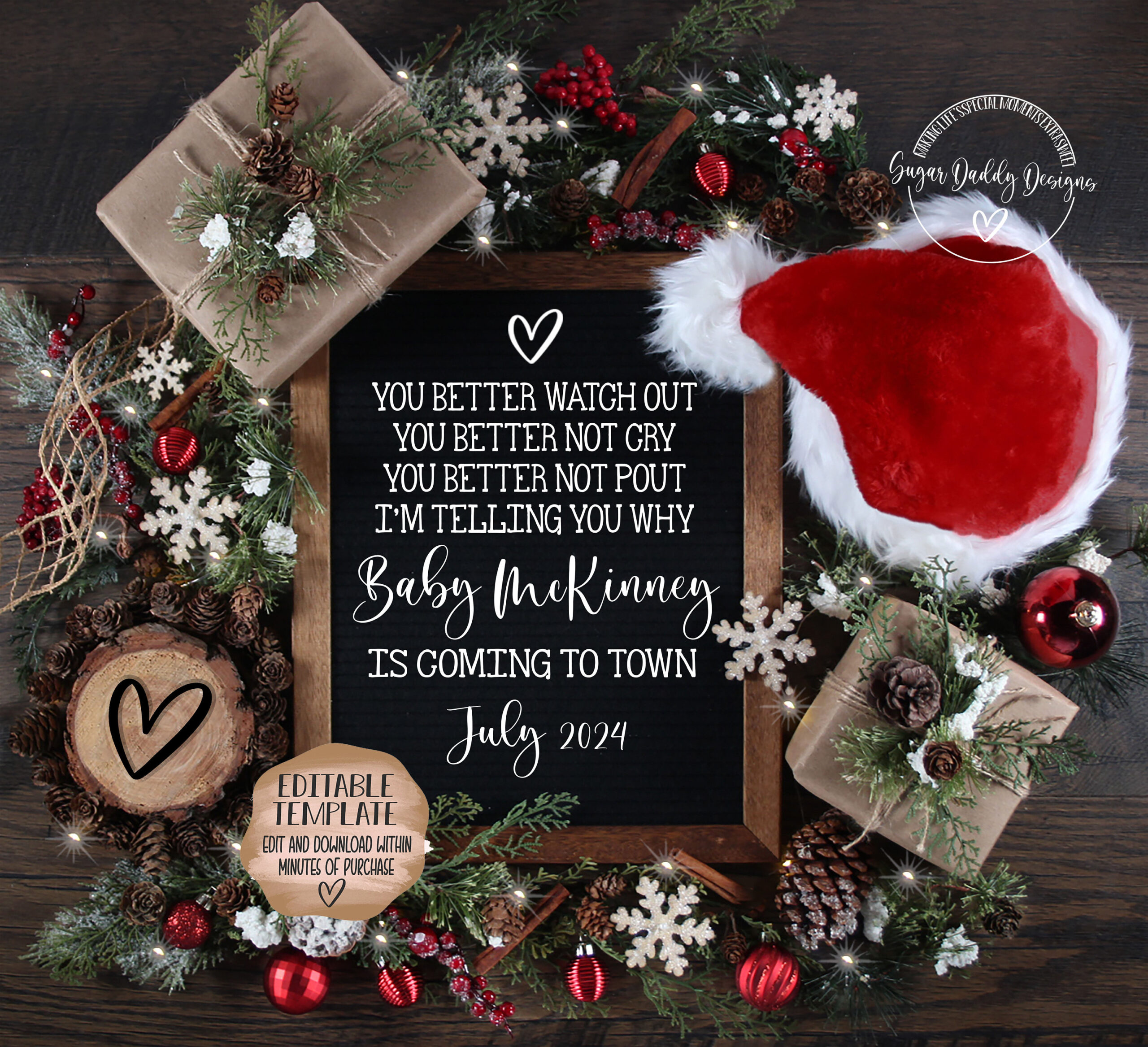 Christmas Baby Announcement: Holiday Reveal, Editable Template pertaining to Christmas Baby Announcement Template