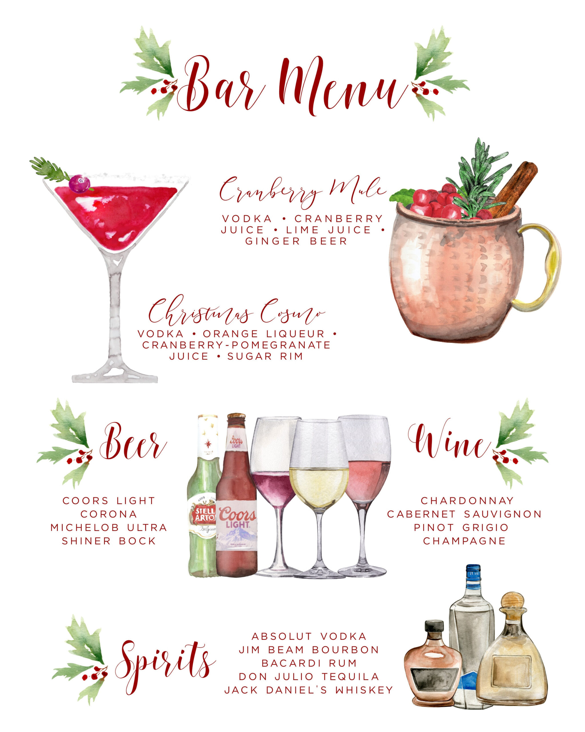Christmas Bar Menu Template: Holiday Cocktail Sign (Digital within Christmas Drinks Menu Template
