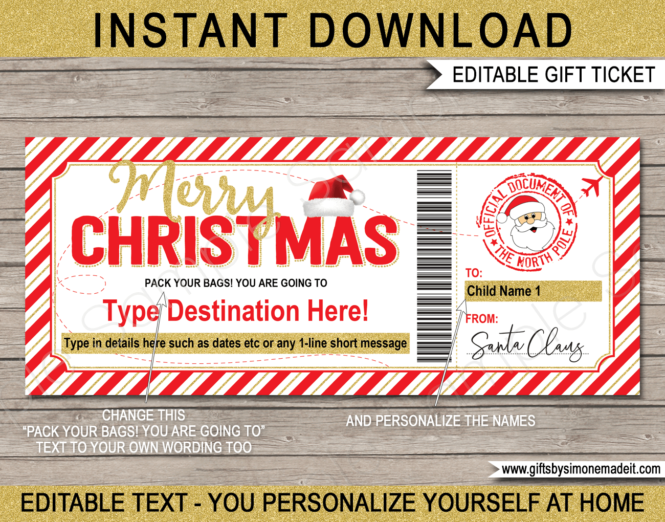 Christmas Boarding Pass From Santa Template - Red & Gold with regard to Christmas Airline Ticket Template