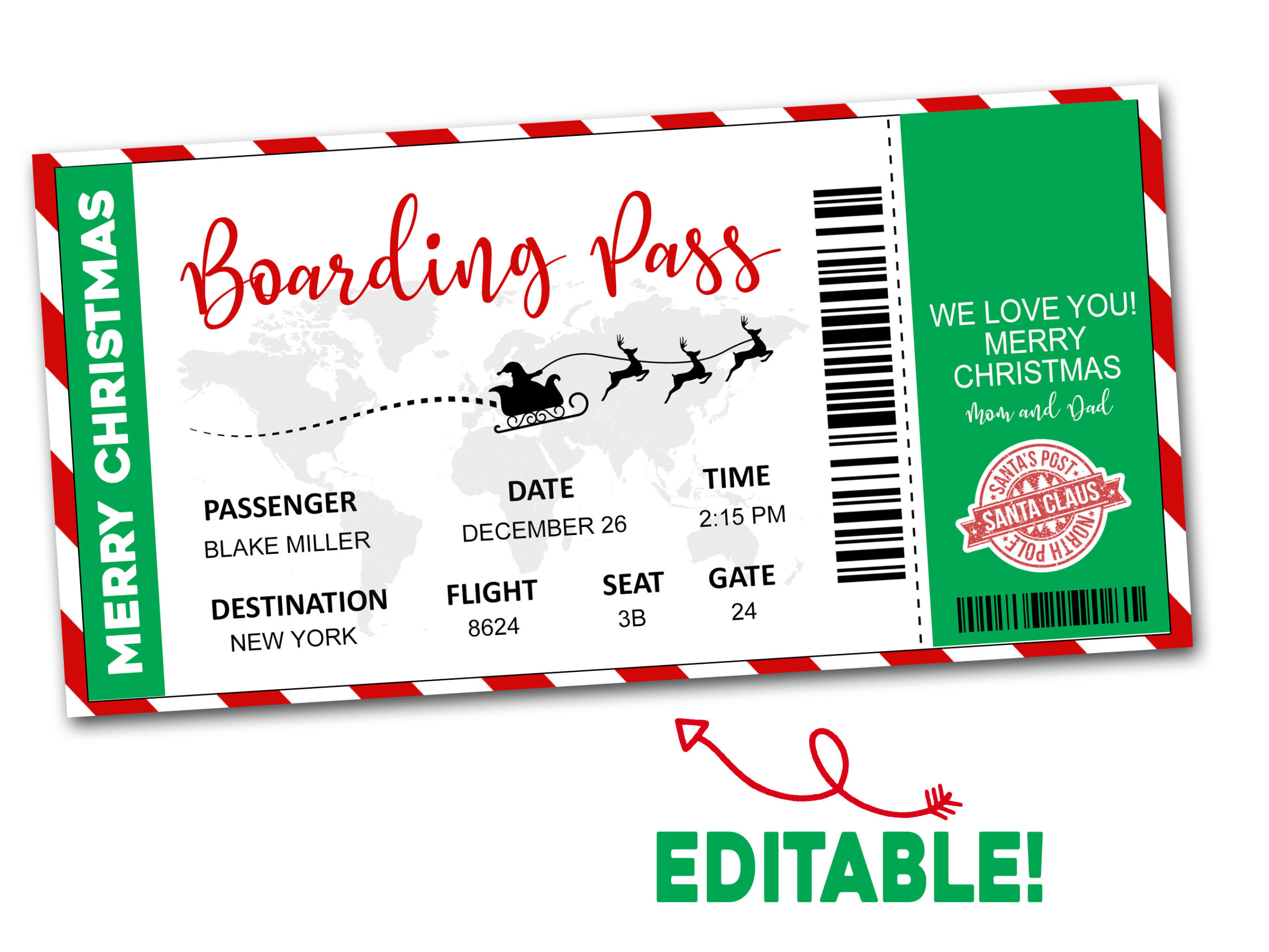 Christmas Boarding Pass Ticket Template, Surprise Airline Gift for Boarding Pass Template Christmas