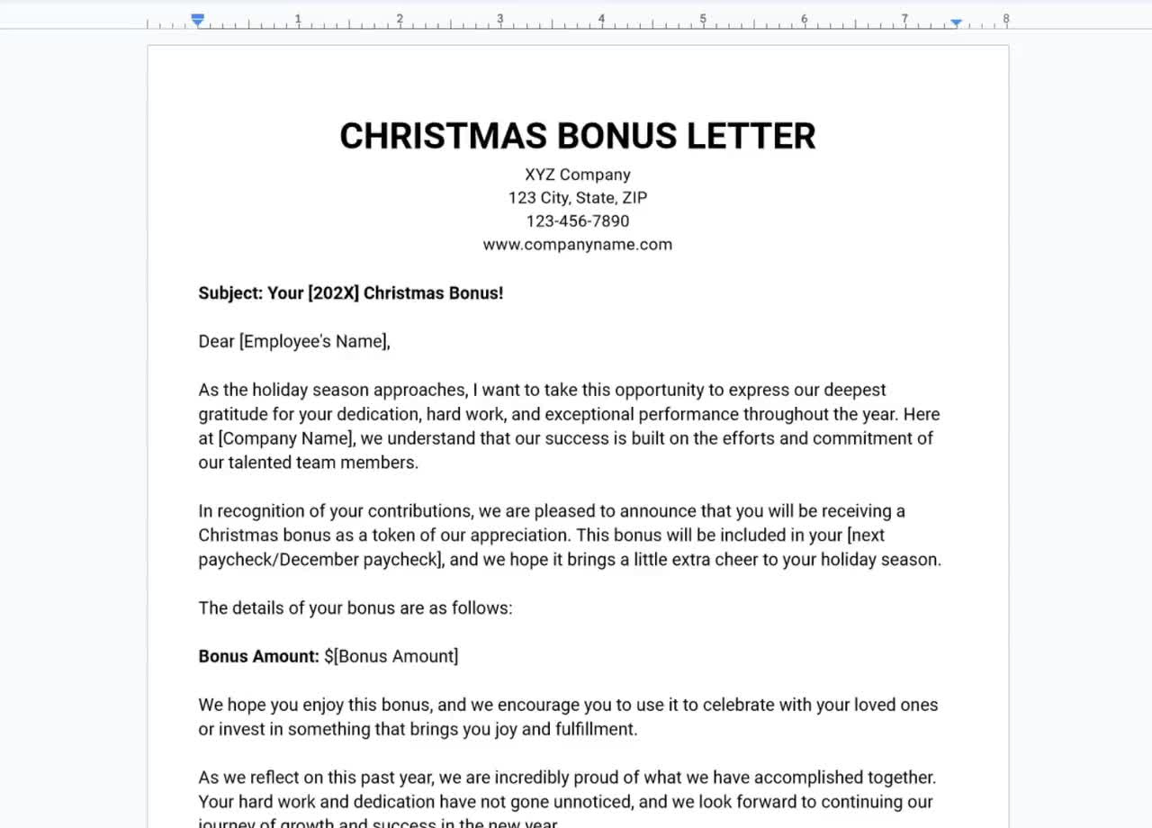 Christmas Bonus Letter Template, Employee Christmas Bonus Announcement, Holiday Bonus Notification Letter, Year-End Bonus Letter Template for Christmas Bonus Letter Template