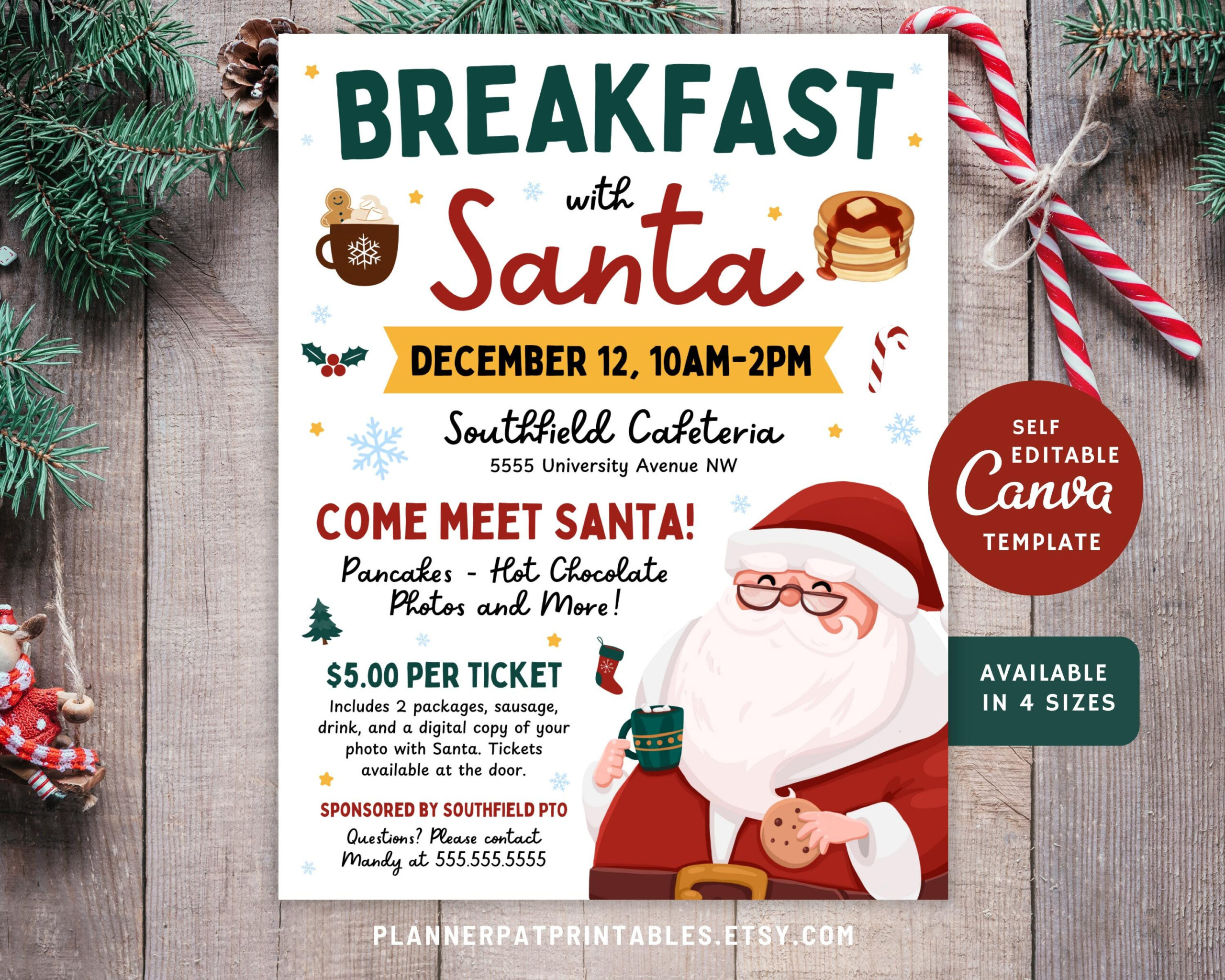 Christmas Breakfast With Santa Flyer: Editable Invitation (Canva with regard to Christmas Breakfast Flyer Template
