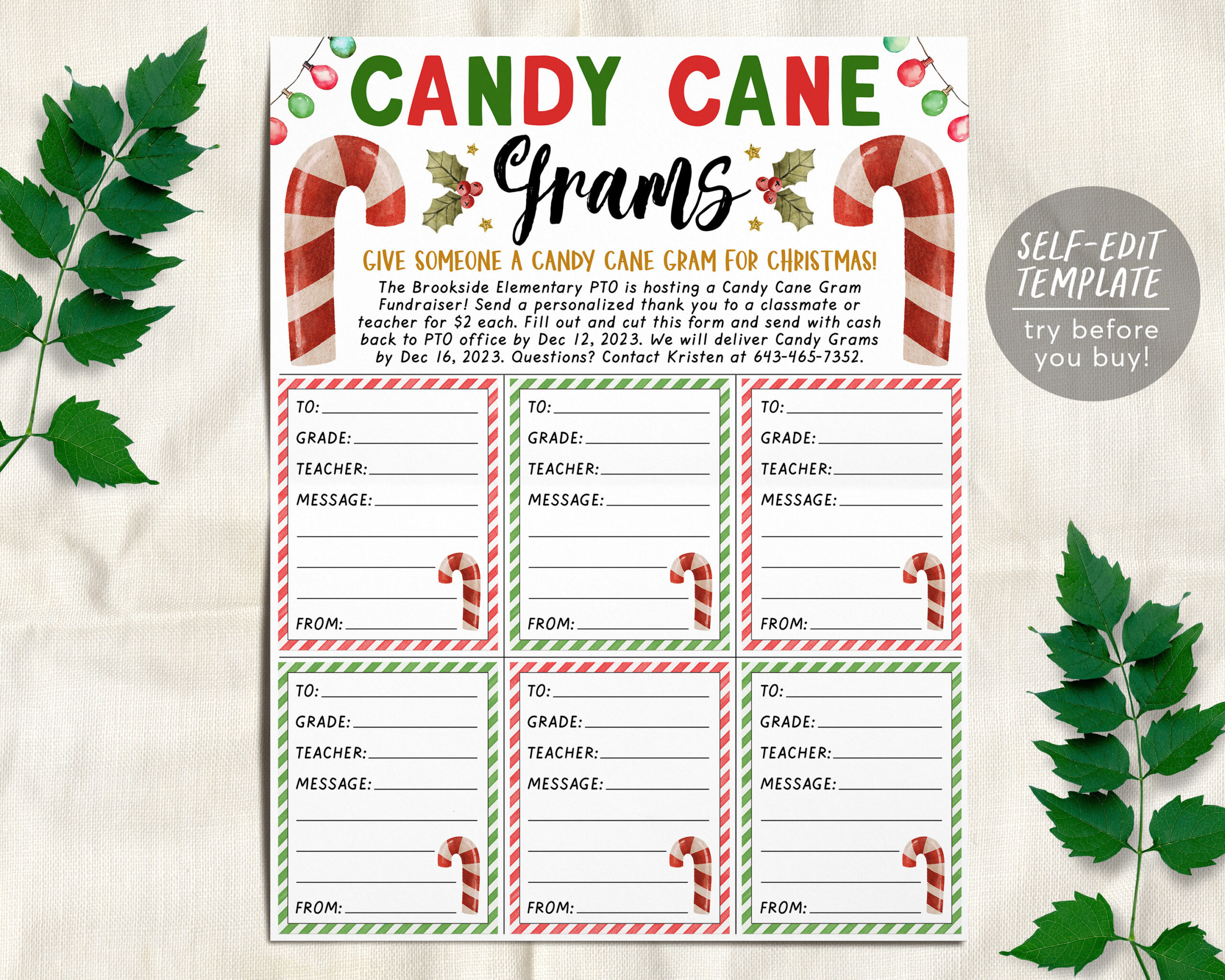 Christmas Candy Cane Gram Flyer Editable Template, Holiday Candy with regard to Christmas Candy Gram Template