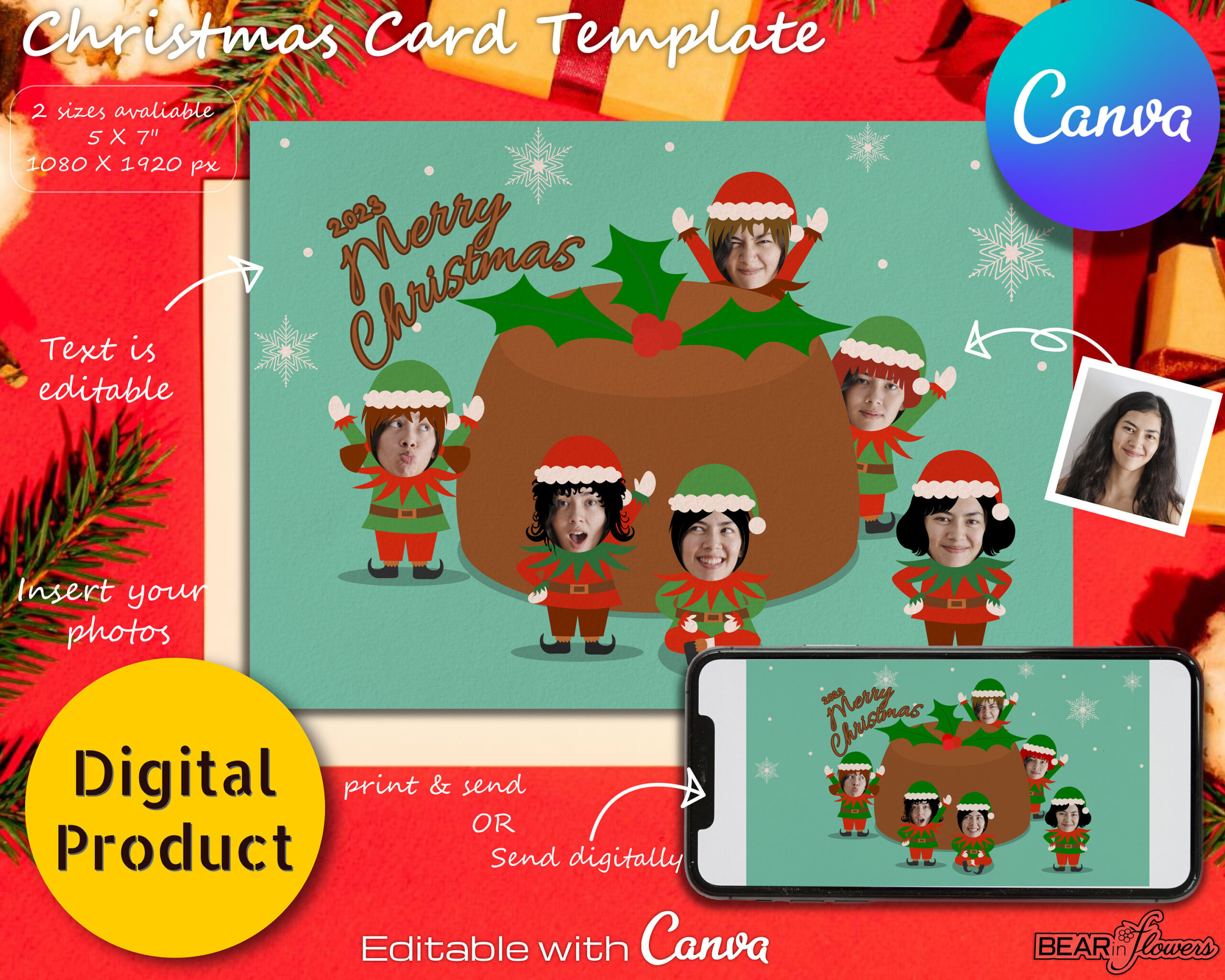 Christmas Card Elf Face Template Canva Christmas Card Photo Funny within Christmas Card Face Template