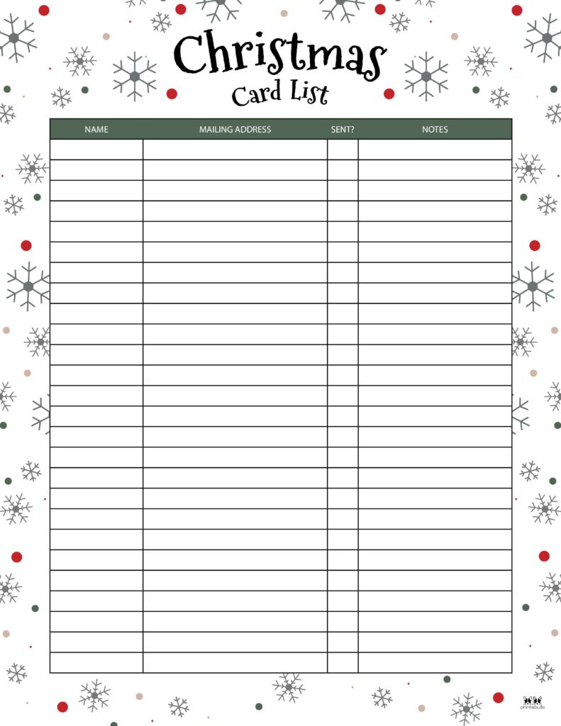 Christmas Card List Templates - 12 Free Pages | Printabulls regarding Christmas Card Address Template