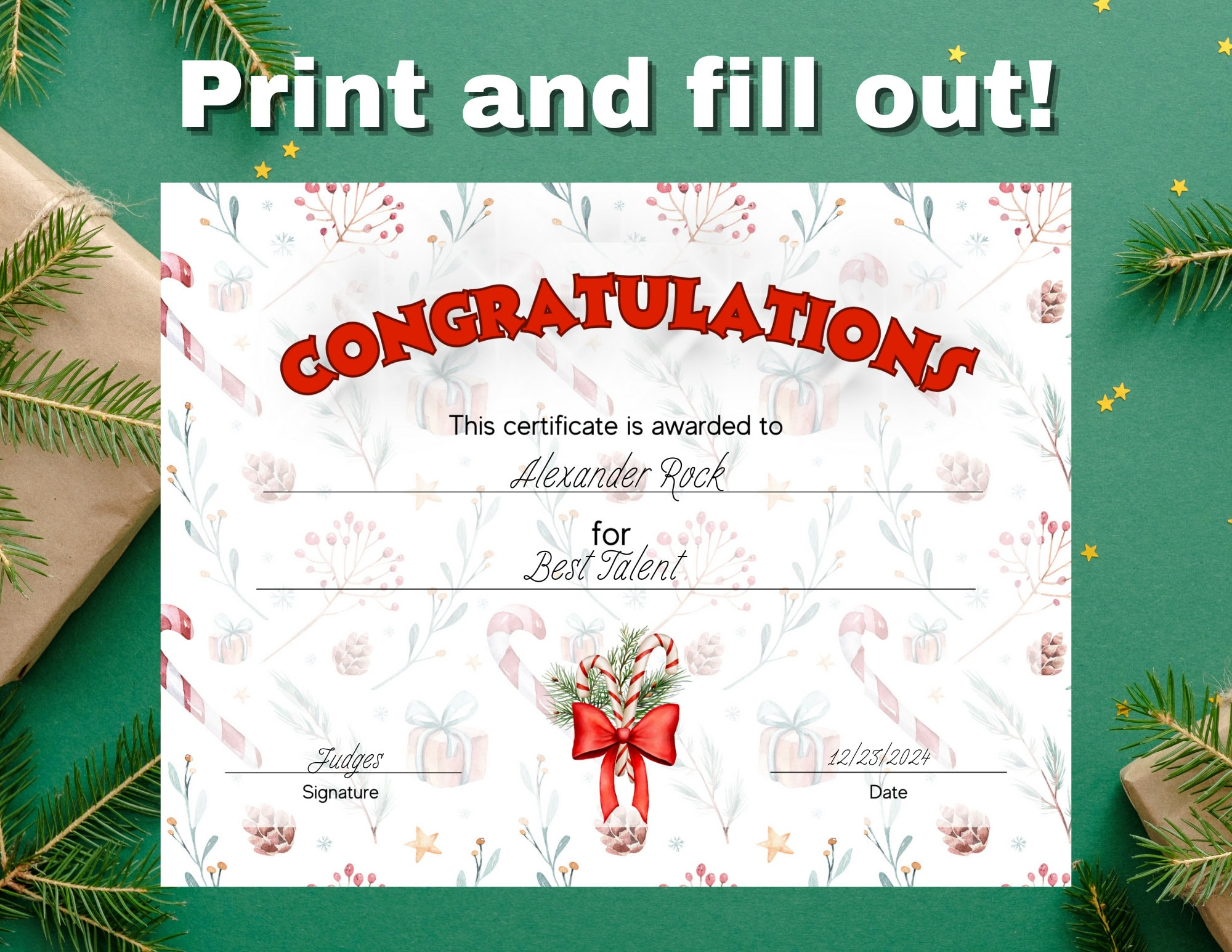 Christmas Certificate, Printable Holiday Certificate, Editable intended for Christmas Award Certificate Template
