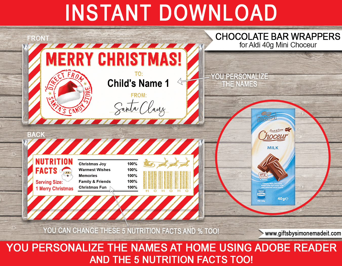 Christmas Chocolate Bar Wrappers From Santa (Mini Choceur) - Red &amp;amp; Gold inside Christmas Chocolate Bar Wrapper Template