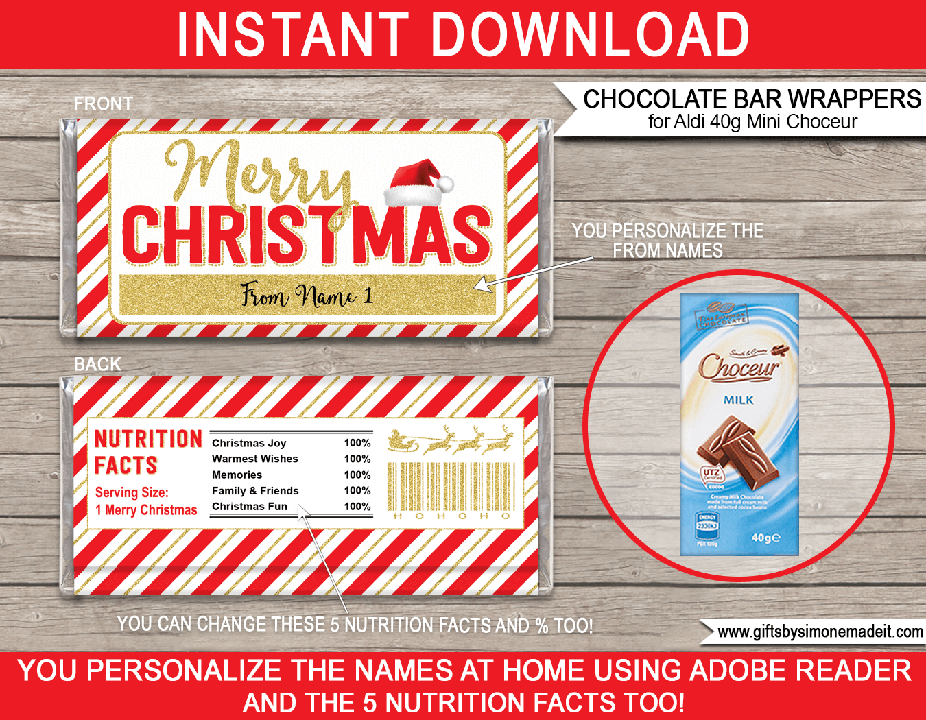 Christmas Chocolate Bar Wrappers (Mini Choceur) - Red & Gold pertaining to Christmas Candy Bar Wrapper Template Free