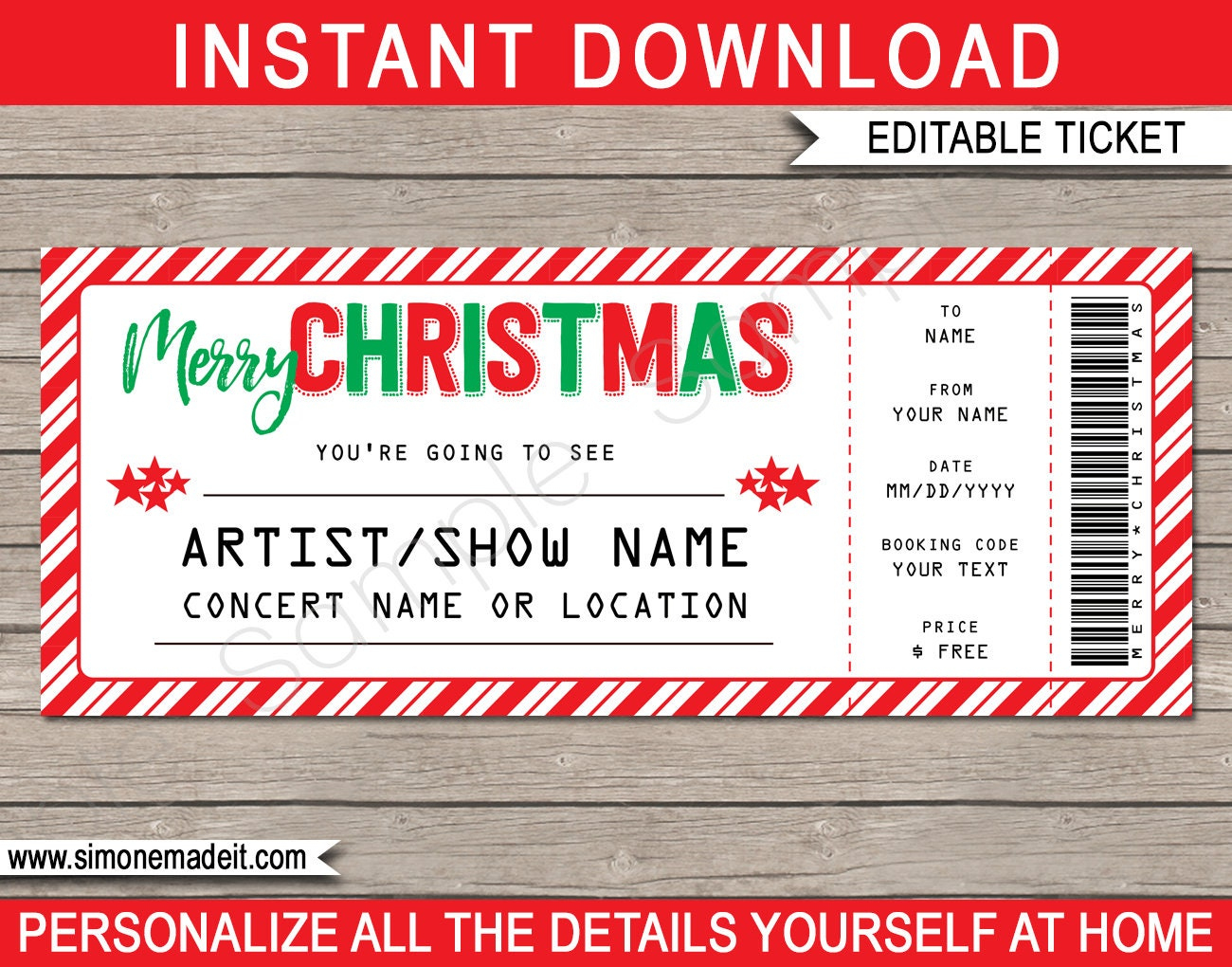 Christmas Concert Ticket Template: Editable Gift Certificate with regard to Christmas Gift Concert Ticket Template