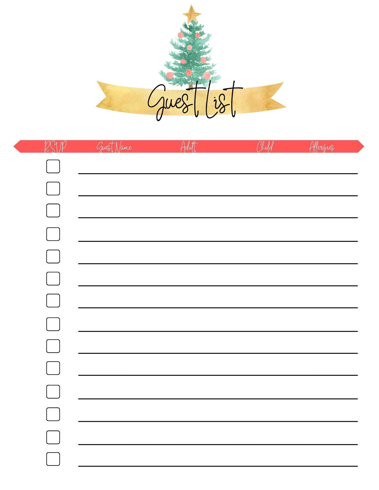 Christmas Dinner Guest List Planner | Instant Download| Printable with regard to Christmas Guest List Template