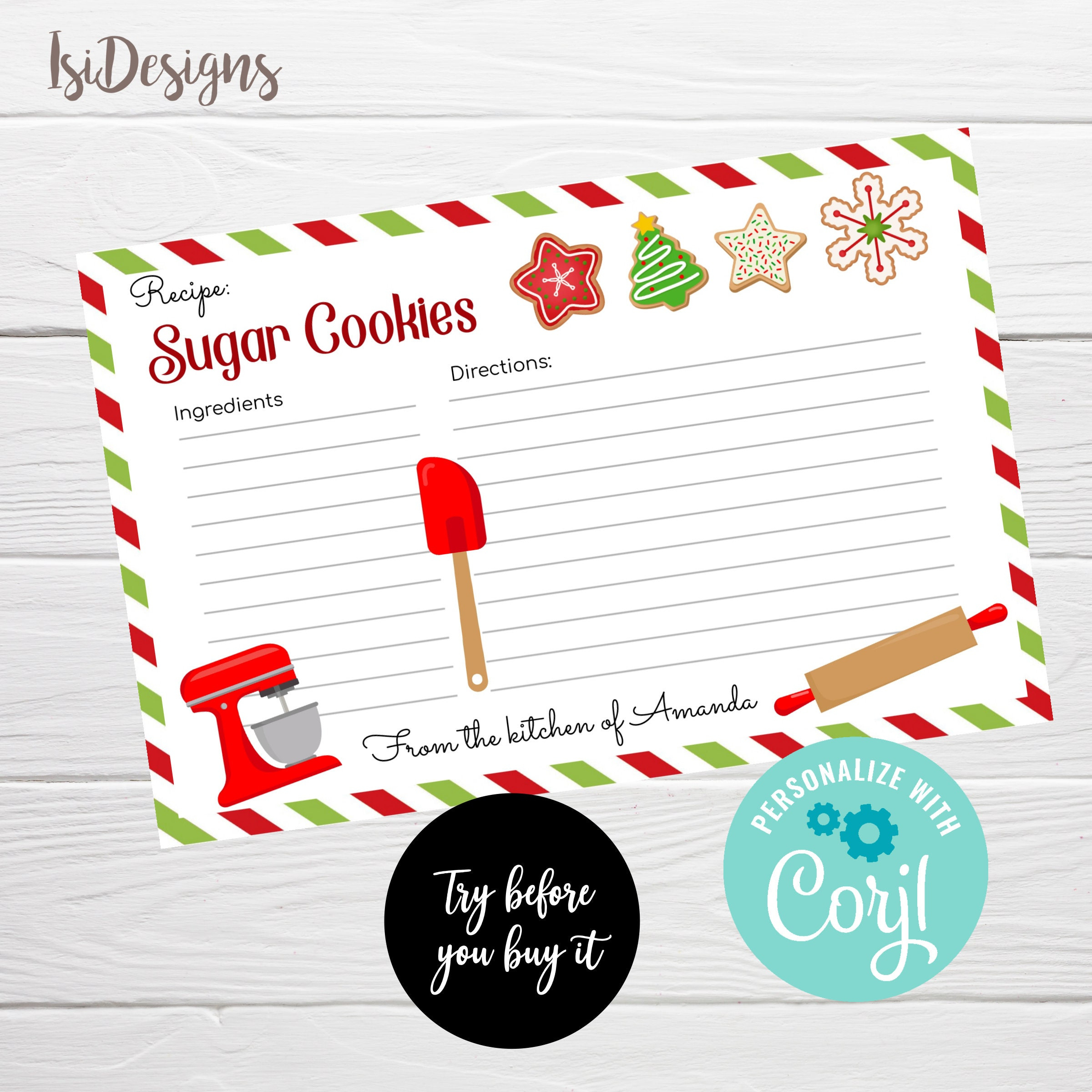 Christmas Editable Recipe Card, Instant Download, Holiday Cookie for Christmas Cookie Recipe Card Template
