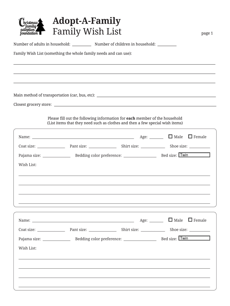 Christmas Family Adoption Foundation Family Wish Form - Fill intended for Adopt A Family For Christmas Template