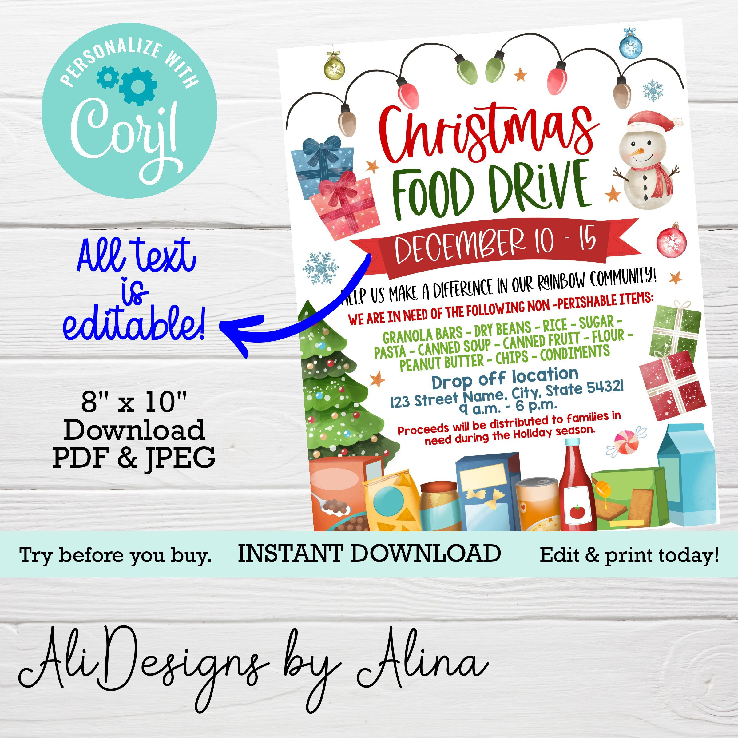 Christmas Food Drive, Printable Flyer, Holiday Food Drive Flyer in Christmas Food Drive Poster Template