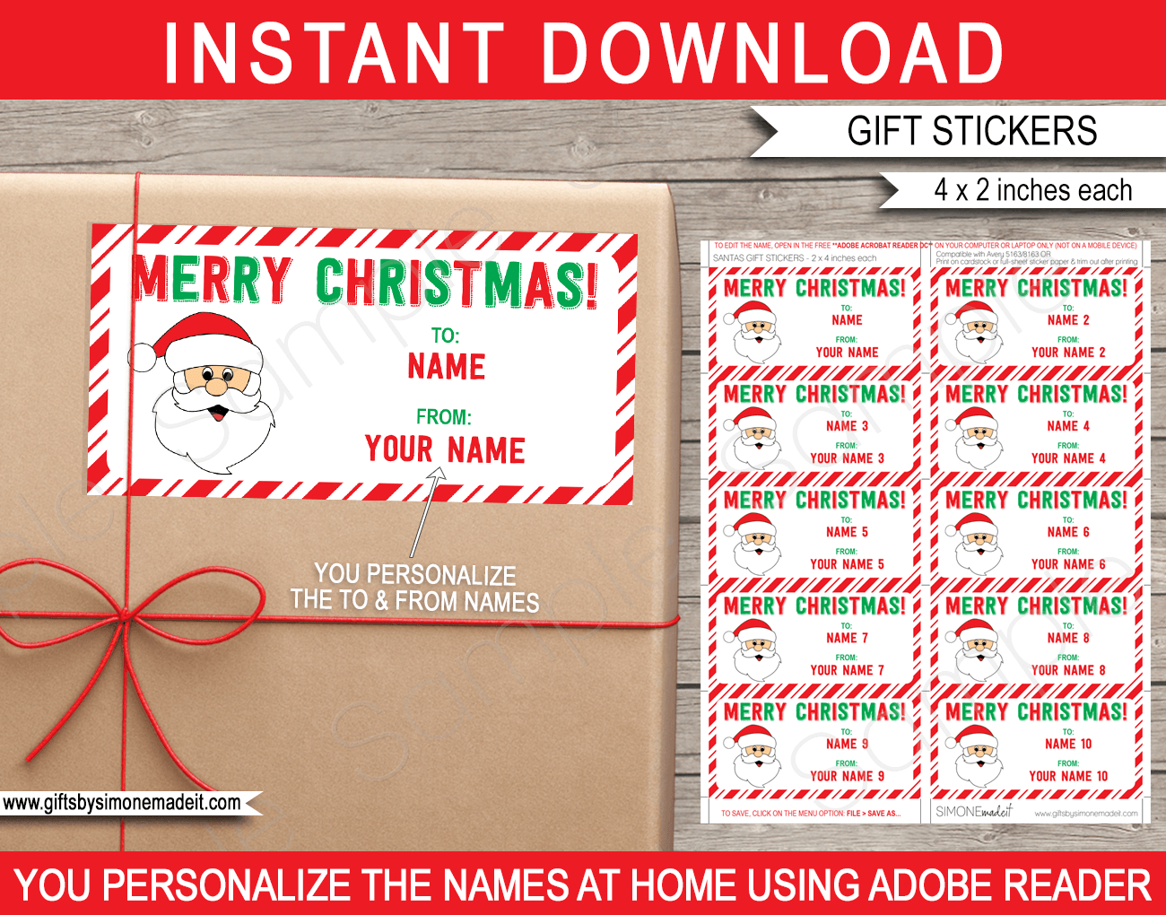 Christmas Gift Labels Template (Santa Claus) - From Your Name - Red & Green in Christmas Gift Labels Template