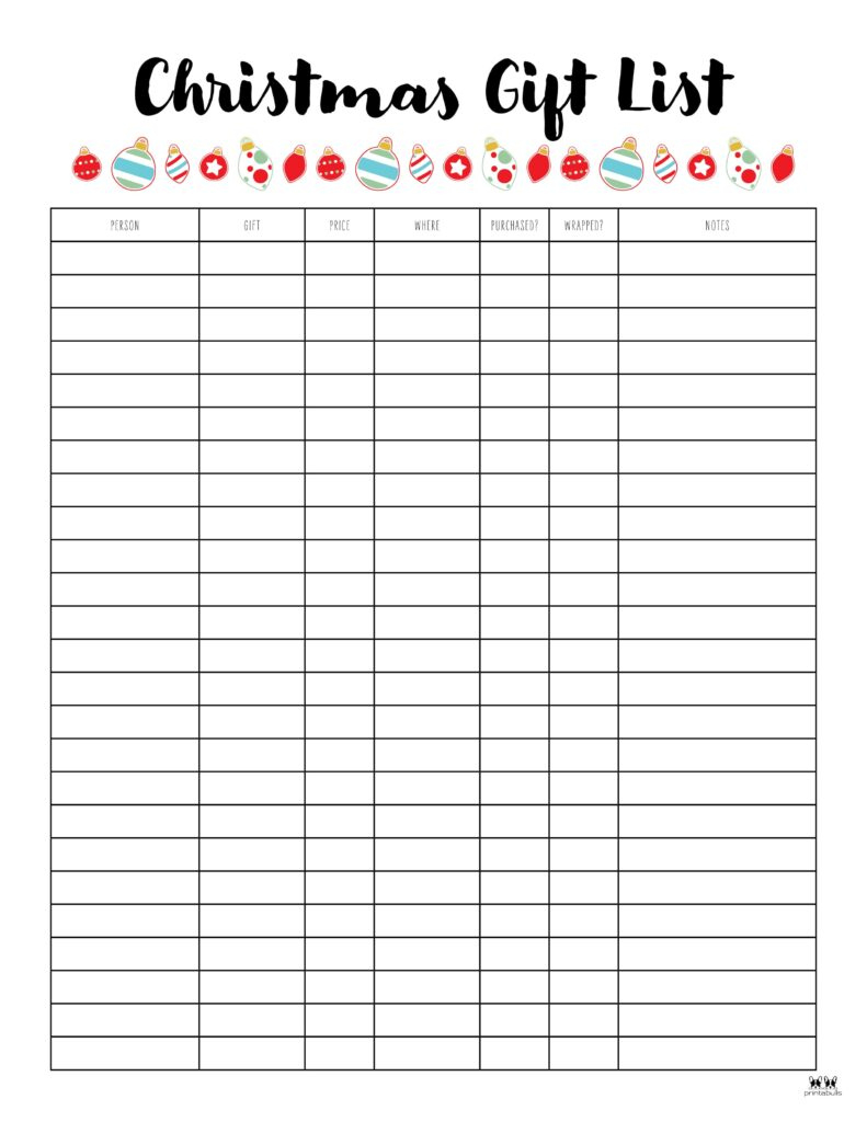 Christmas Gift List Templates - 20 Free Pages | Printabulls inside Christmas Gift Spreadsheet Template Free