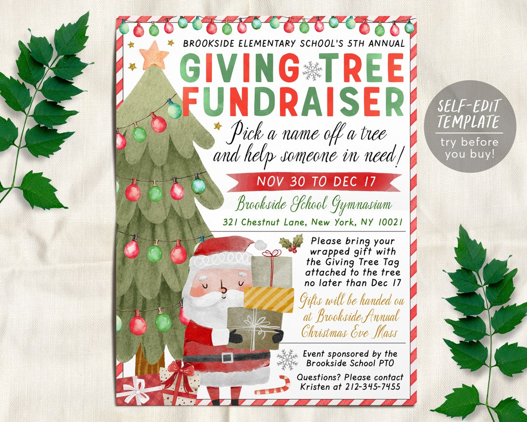 Christmas Giving Tree Fundraiser Flyer Bearbeitbare Vorlage within Christmas Card Template Class Fundraising