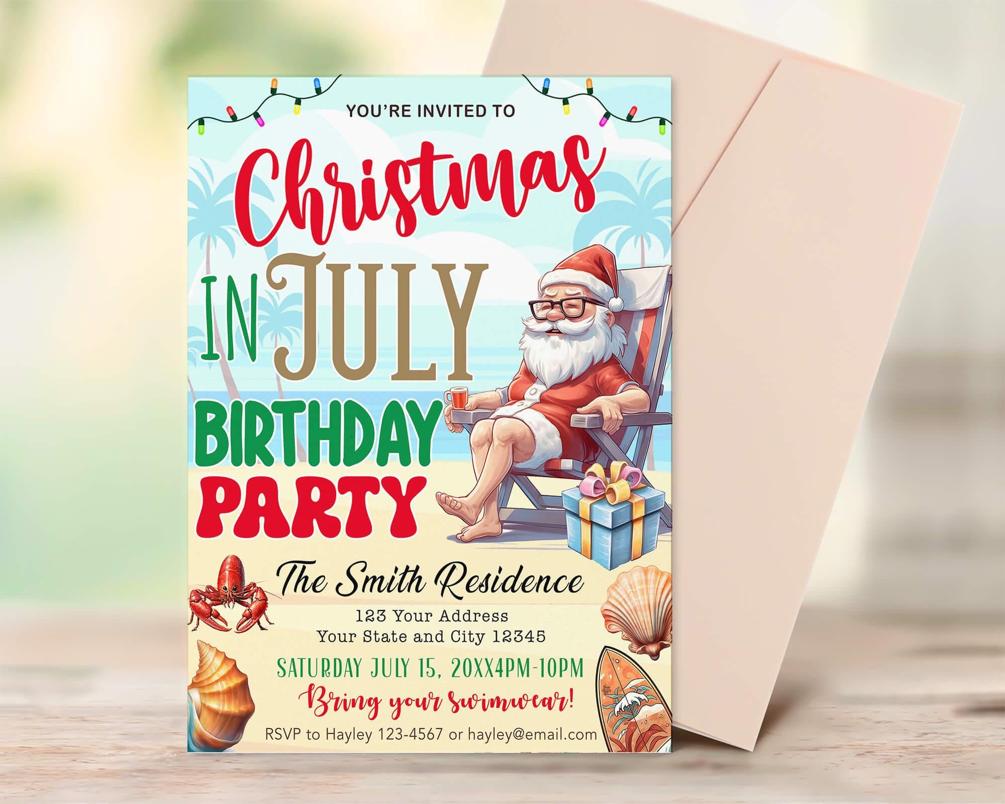 Christmas In July Birthday Party Invite - Etsy intended for Christmas in July Card Template