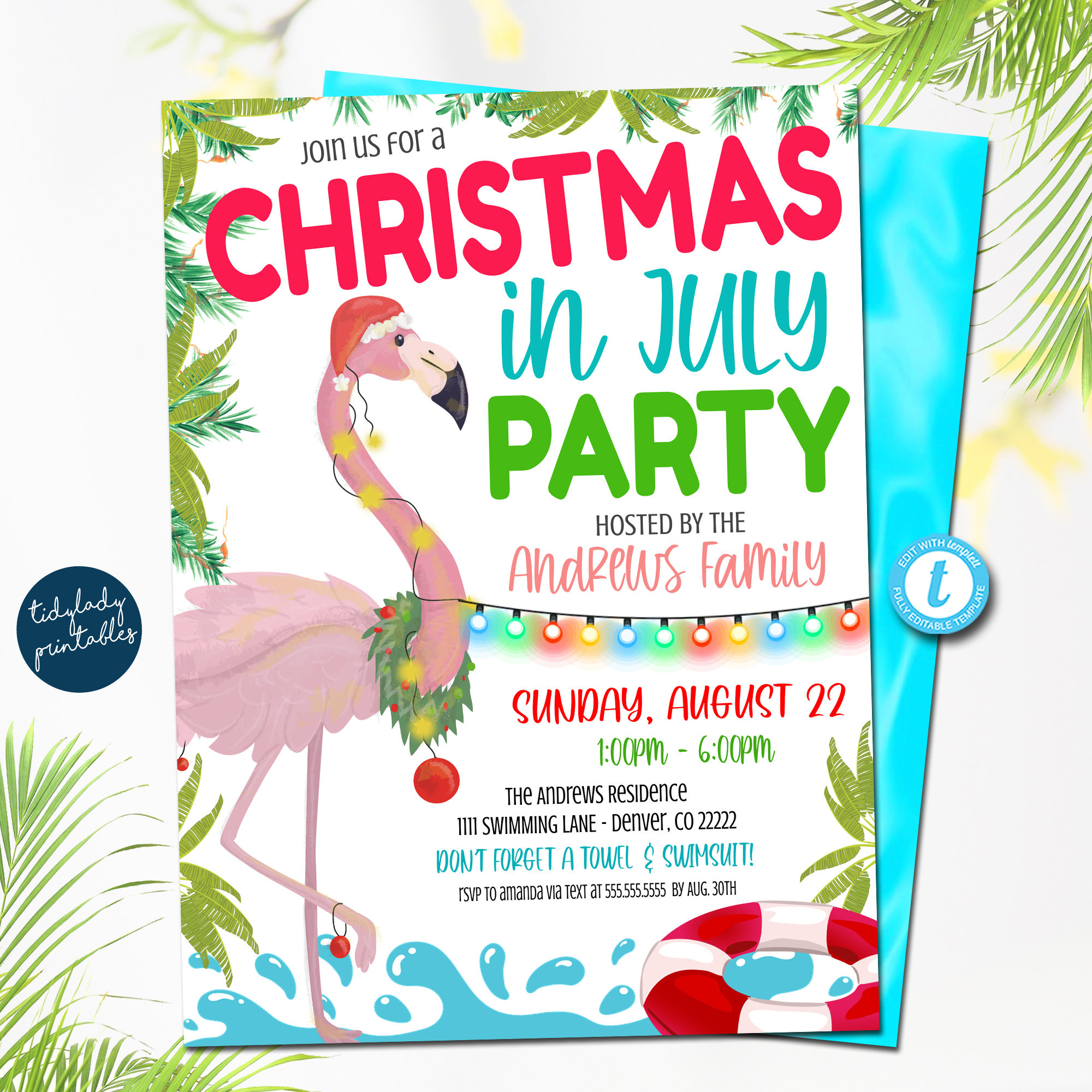 Christmas In July Flamingo Invitation: Editable Pool Party with Christmas In July Invitation Template Free