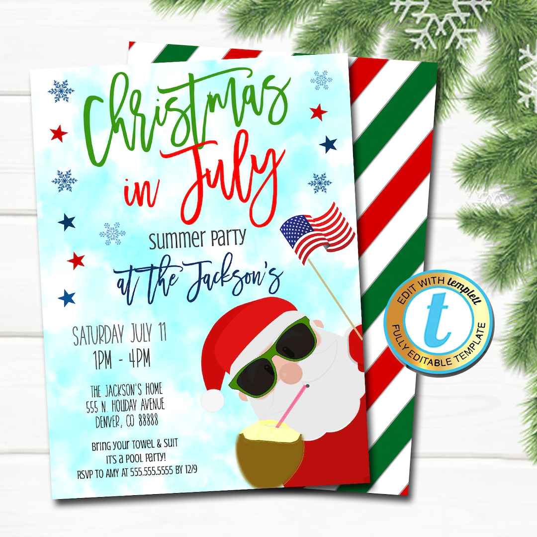 Christmas In July Invitation, Holiday Beach Santa Summer Party with Christmas In July Invite Template
