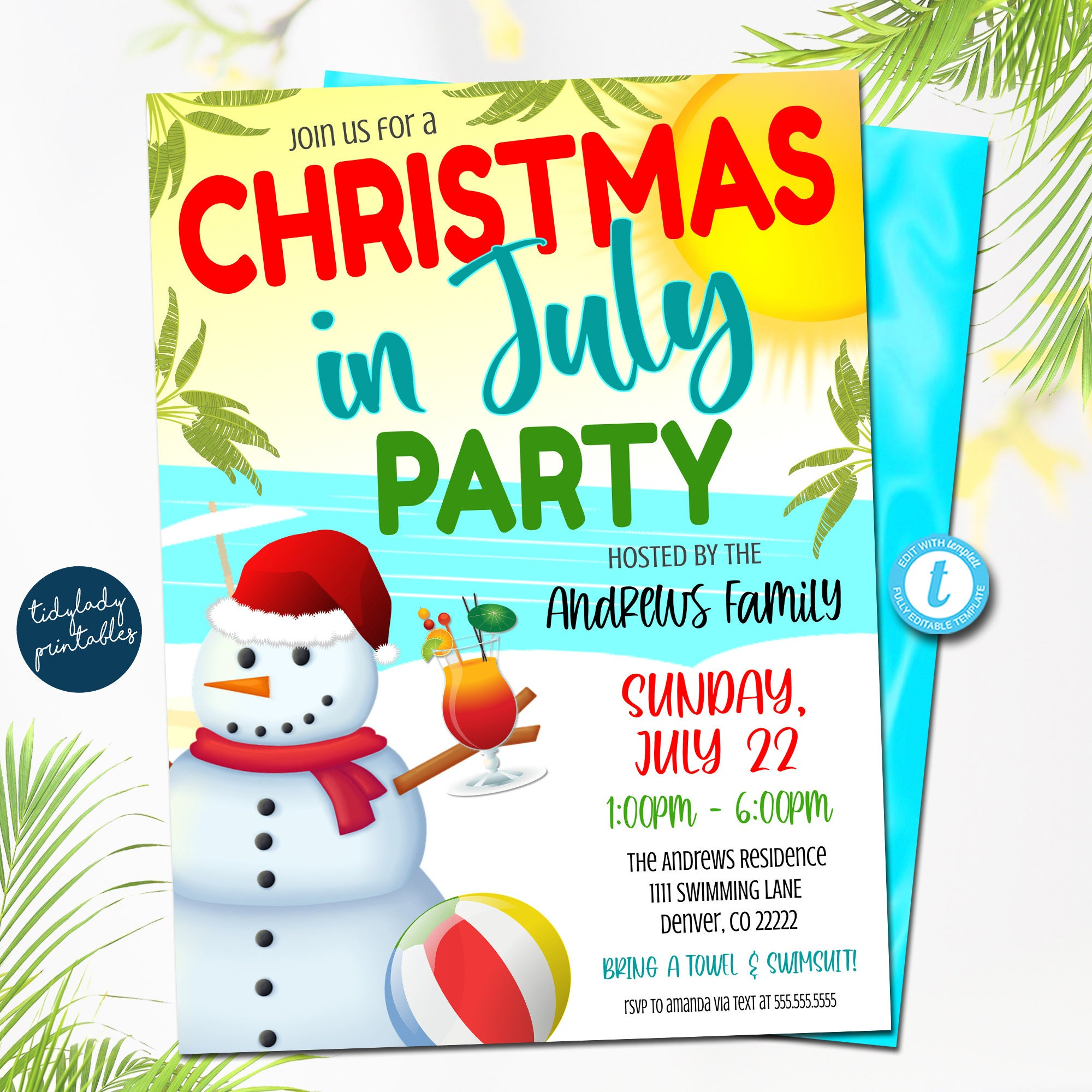 Christmas In July Party Invitation: Beach Snowman (Printable with regard to Christmas In July Flyer Template