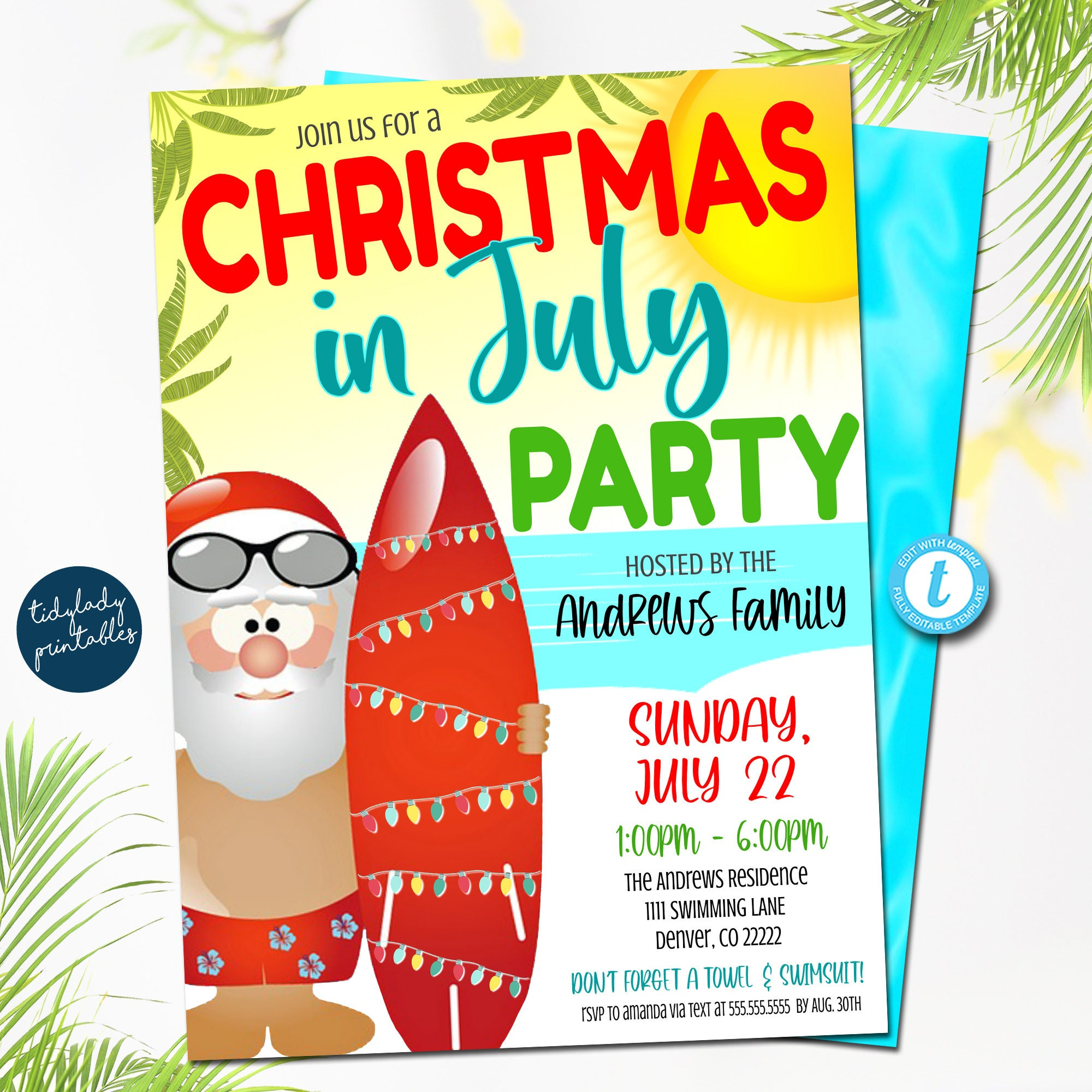 Christmas In July Party Invitation: Santa On Beach (Printable throughout Christmas in July Invite Template