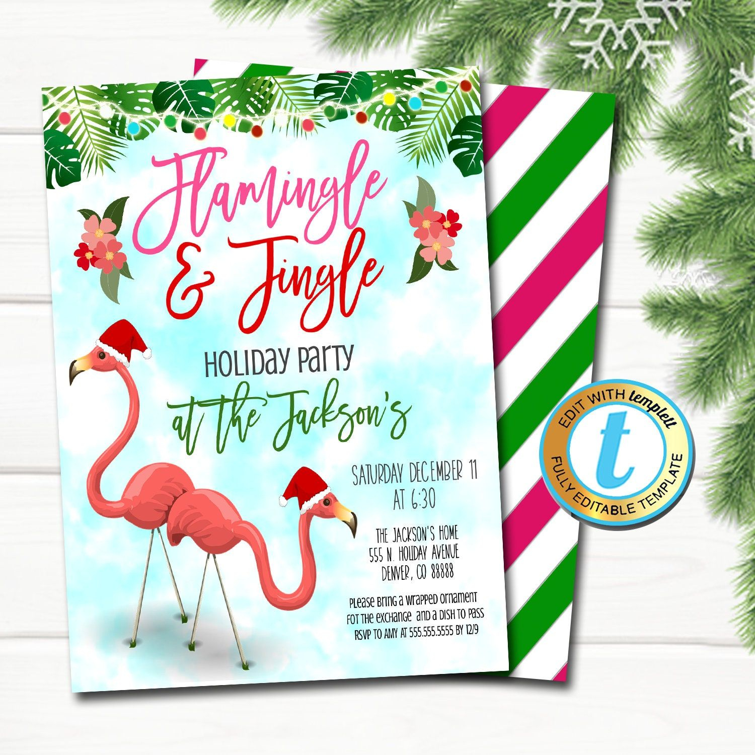 Christmas Invitation, Flamingo Flamingle And Jingle Party regarding Christmas In July Party Invitation Template