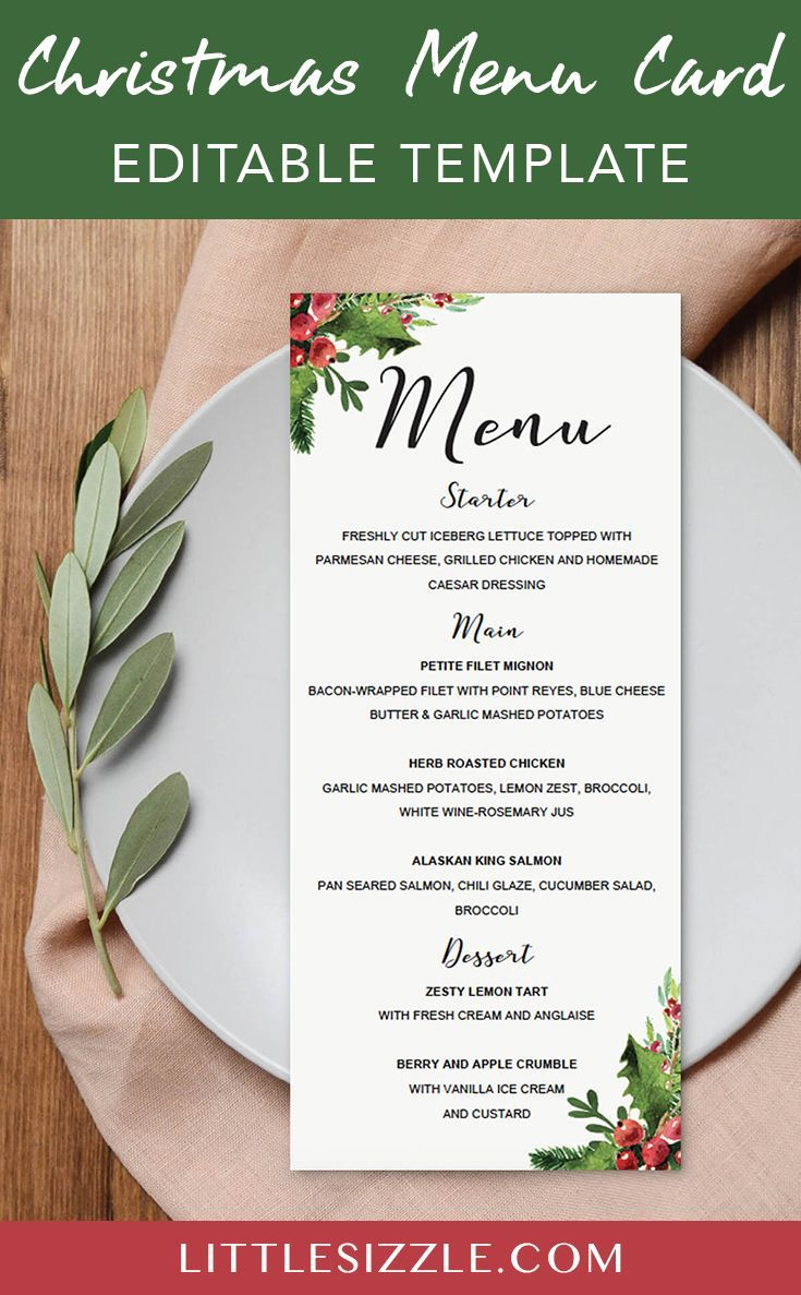 Christmas Menu Card Template | Instant Download | Littlesizzle inside Christmas Dinner Menu Card Template