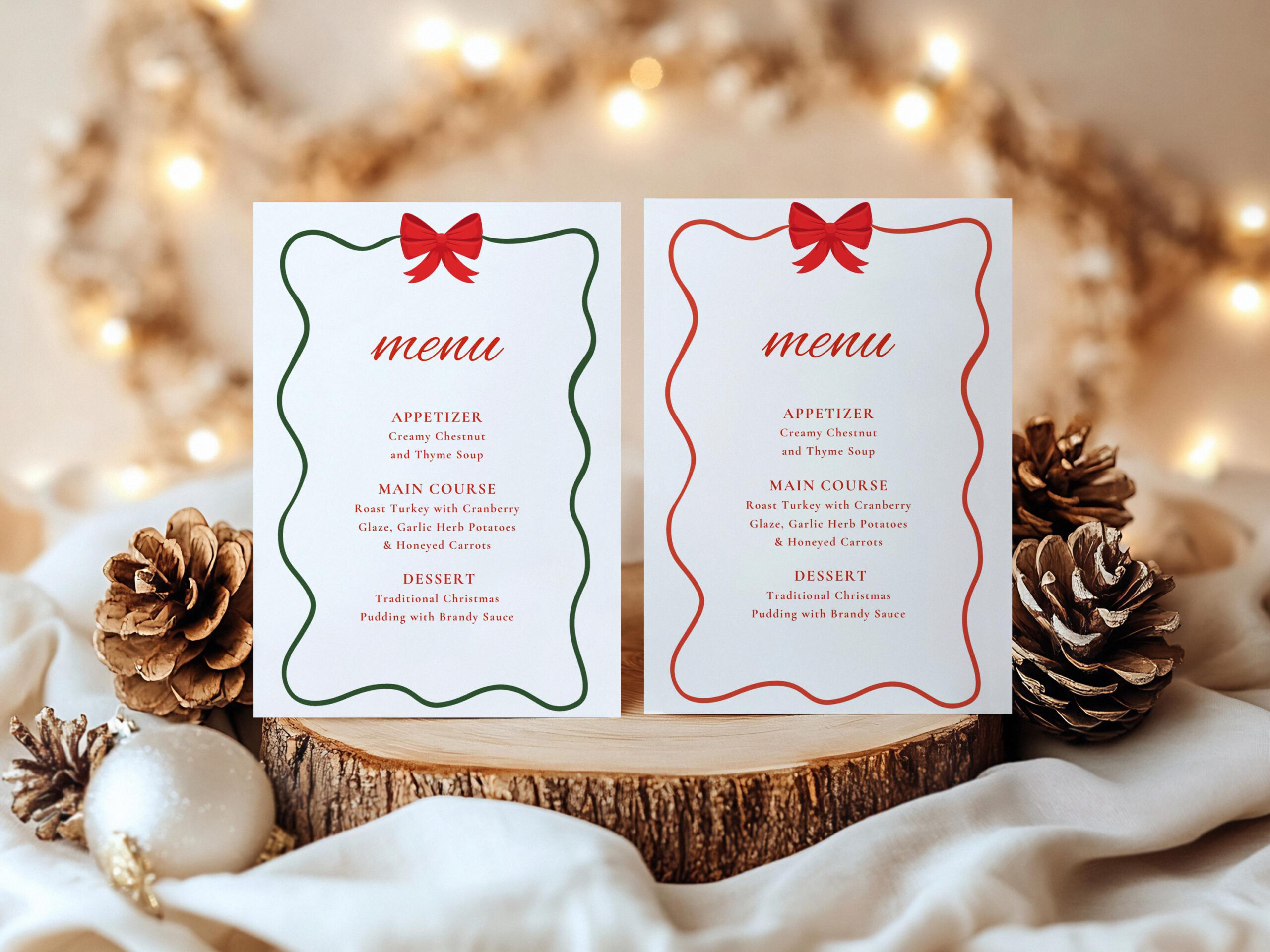 Christmas Menu Template, Retro 70S Wavy Border Holiday Dinner Menu with Christmas Dinner Menu Card Template