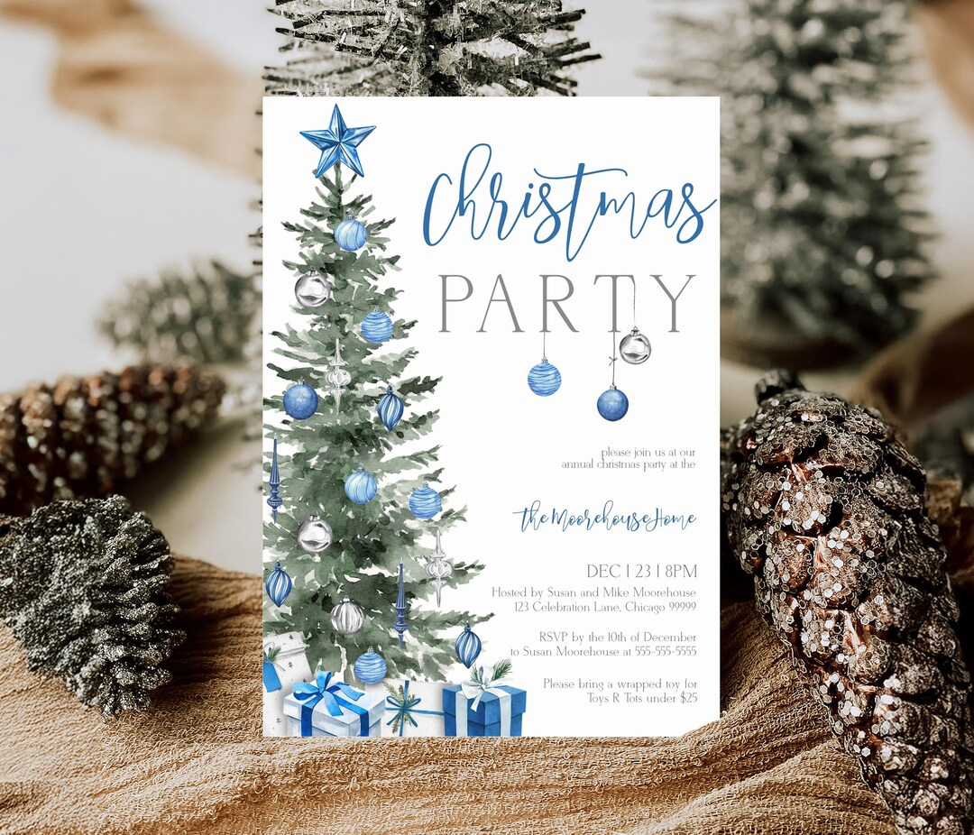 Christmas Party Invitation Template Blue Silver Christmas Tree in Blue Christmas Invitation Template