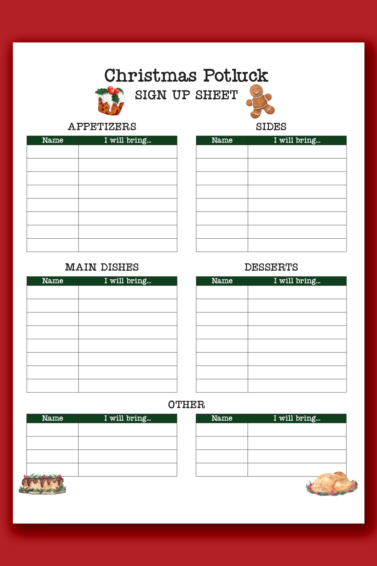 Christmas Potluck Sign Up Sheet Free Printable regarding Christmas Drive Thru Sign-Up Form Template