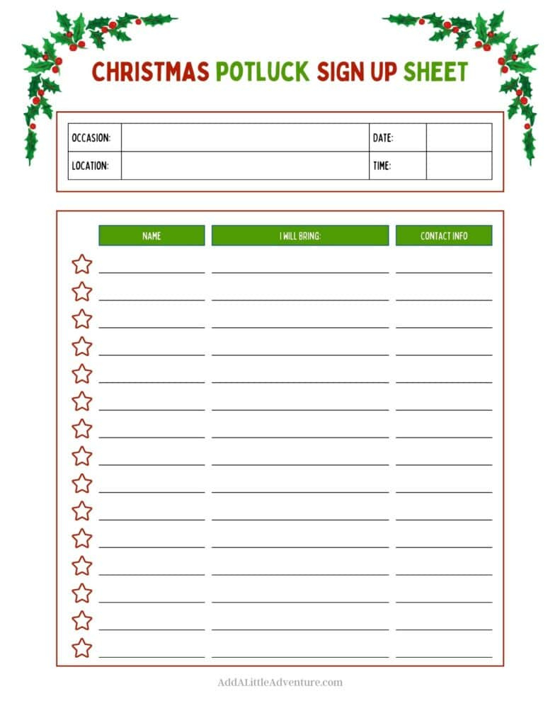 Christmas Potluck Sign-Up Sheets (Free Printables) regarding Christmas Dinner Sign Up Sheet Template