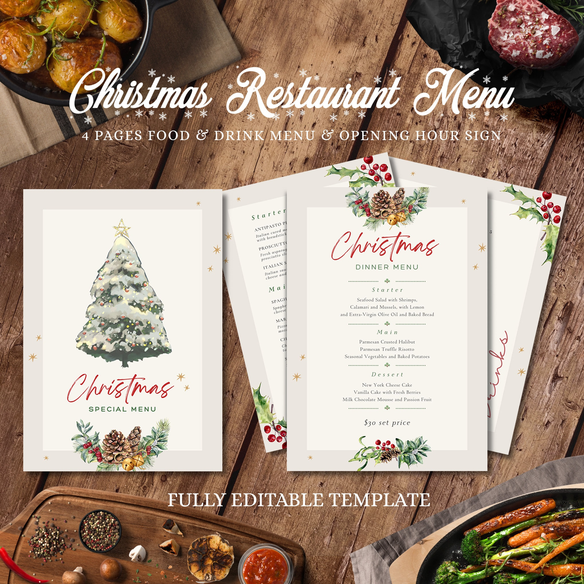 Christmas Restaurant Menu Template Bundle, Modern Restaurant Menu intended for Christmas Food Menu Template
