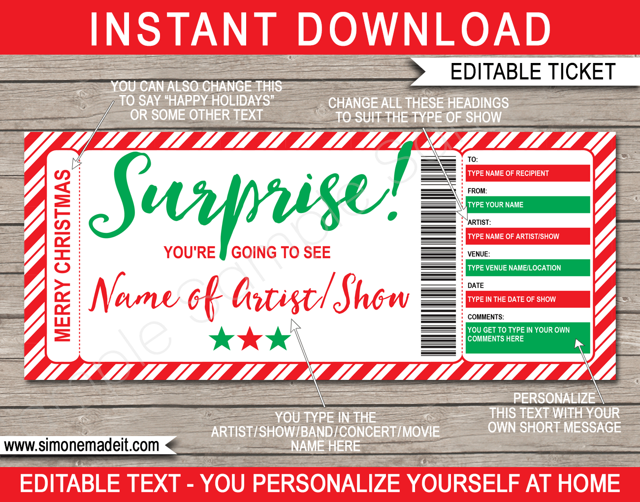 Christmas Surprise Concert Ticket Gift Template | Gift Vouchers in Christmas Gift Concert Ticket Template