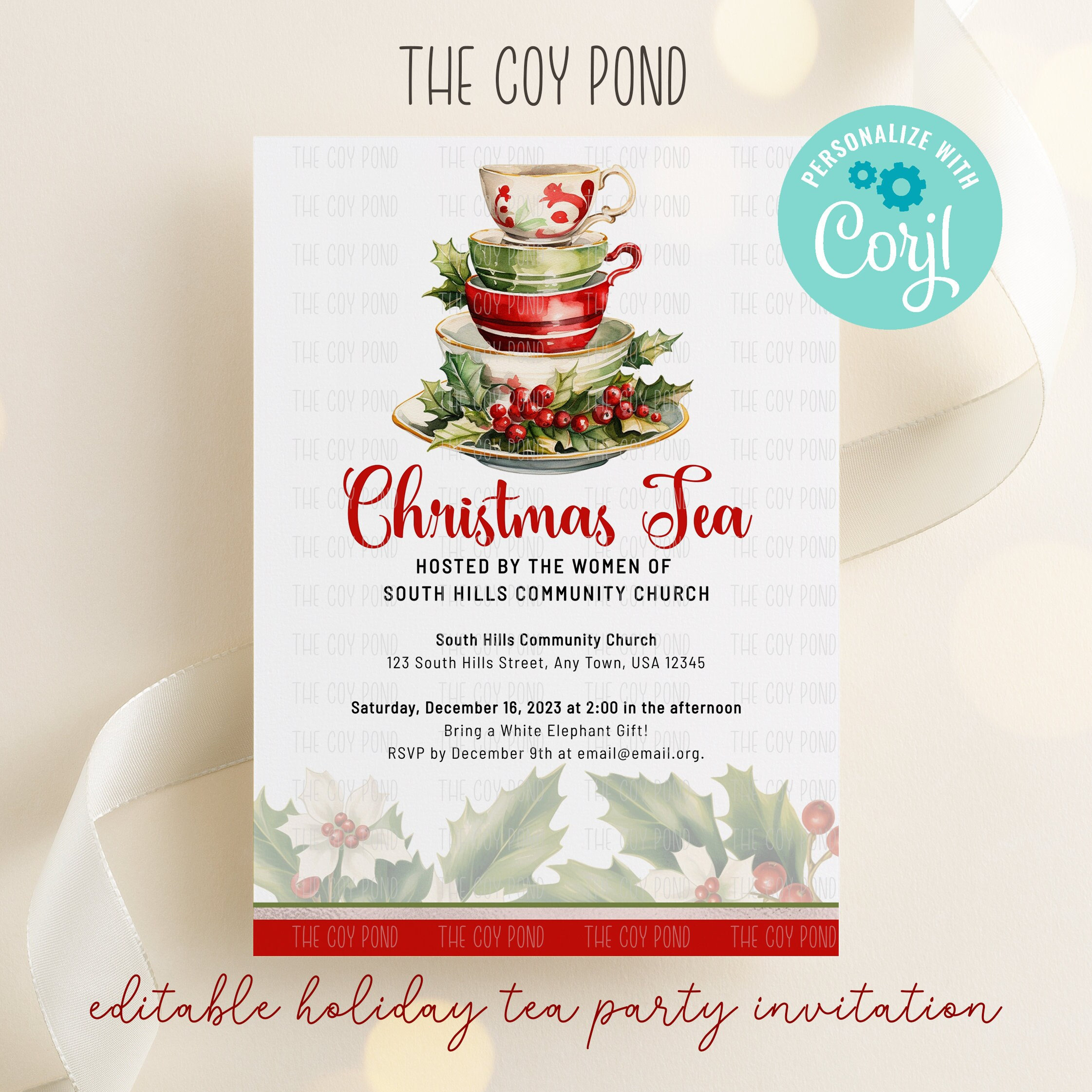 Christmas Tea Party Invitation, Holiday Tea, Template for Christmas Afternoon Tea Invitation Template