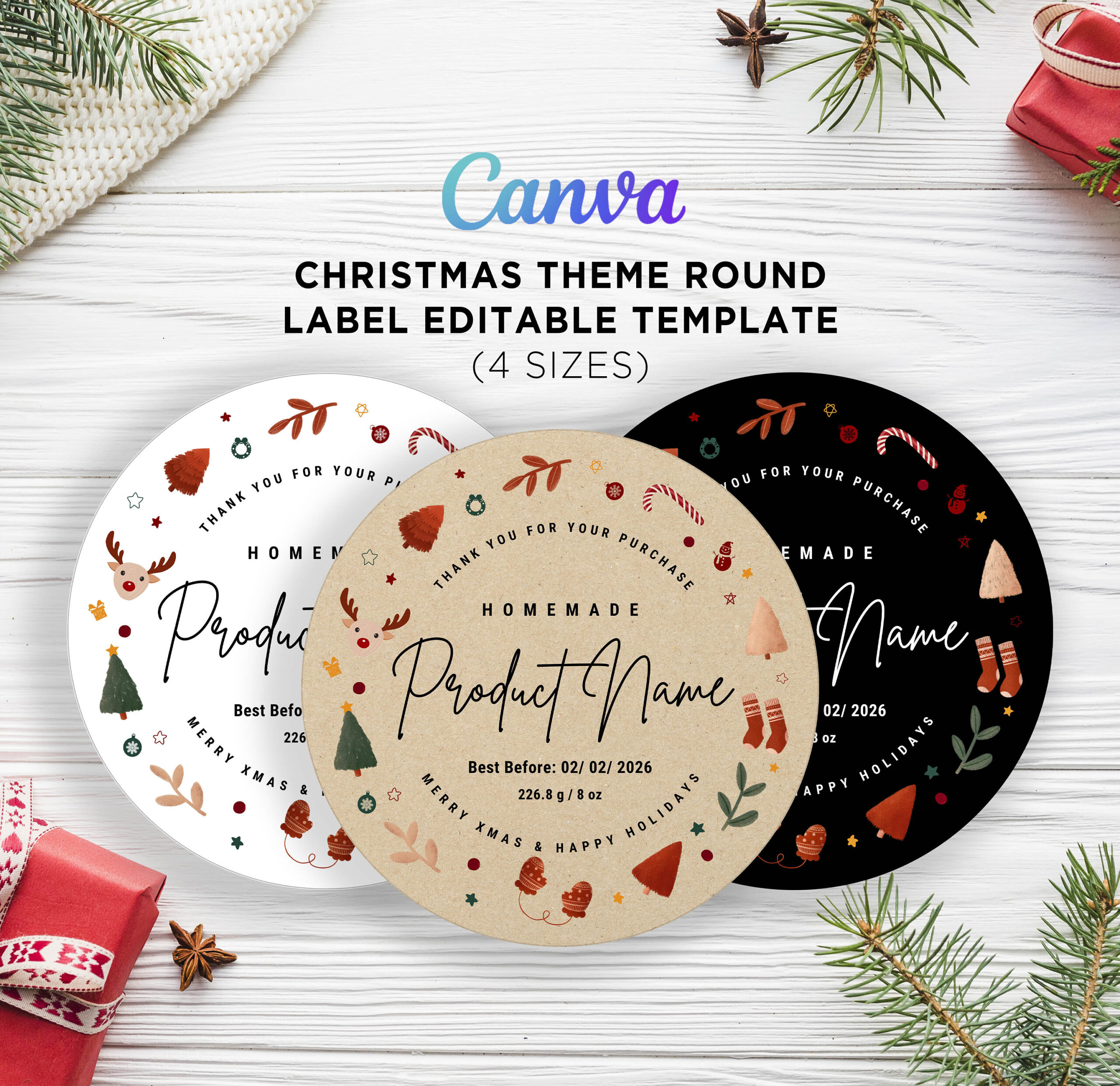Christmas Theme Round Labels, Printable Christmas Round Tags with Christmas Gift Tag Design Template