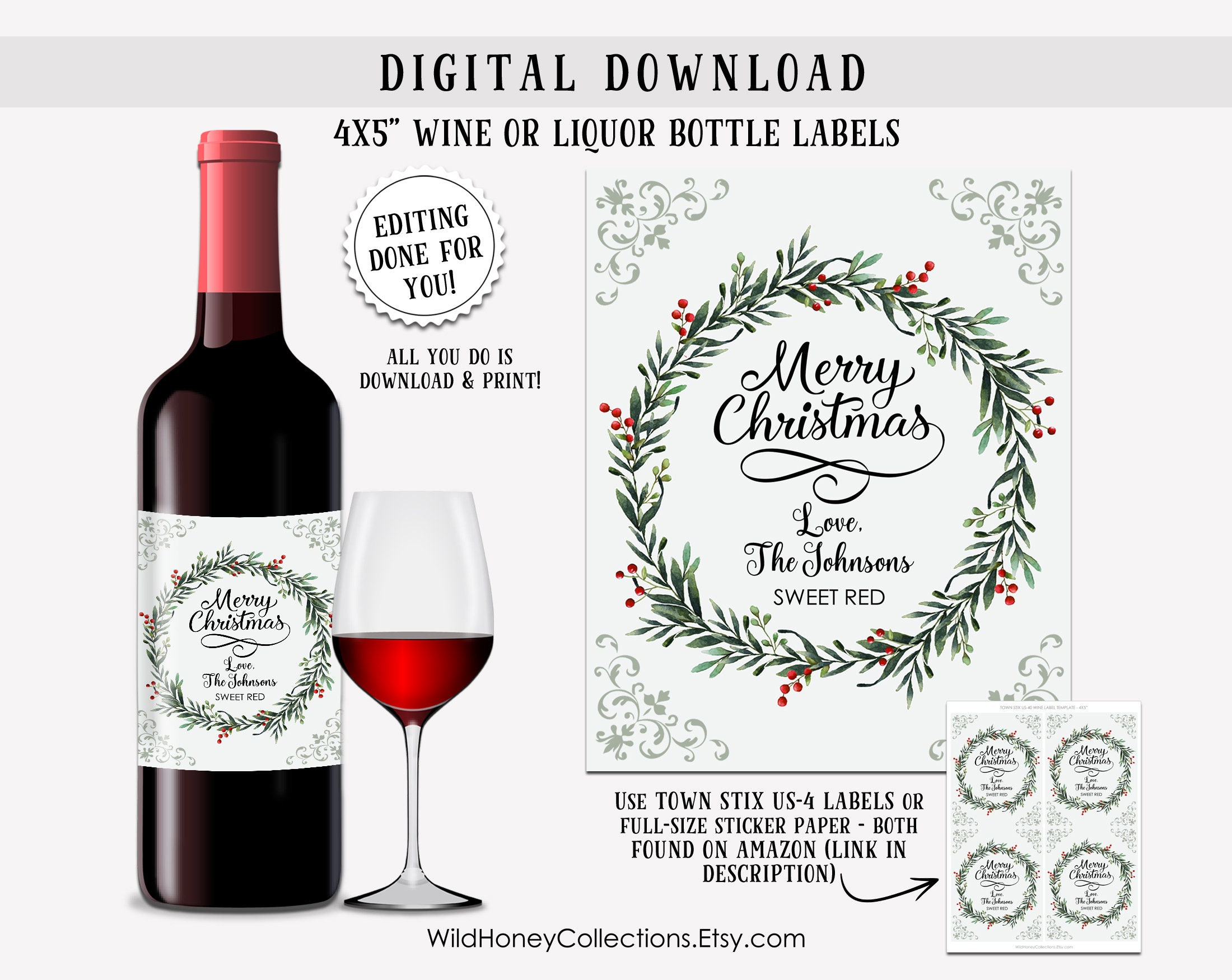 Christmas Wine Bottle Labels, Printable Labels, Personalized For for Christmas Bottle Label Template