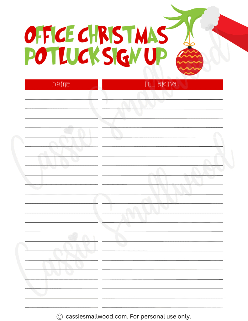 Cute Christmas Potluck Sign Up Sheets - Cassie Smallwood throughout Christmas Food Sign Up Sheet Template